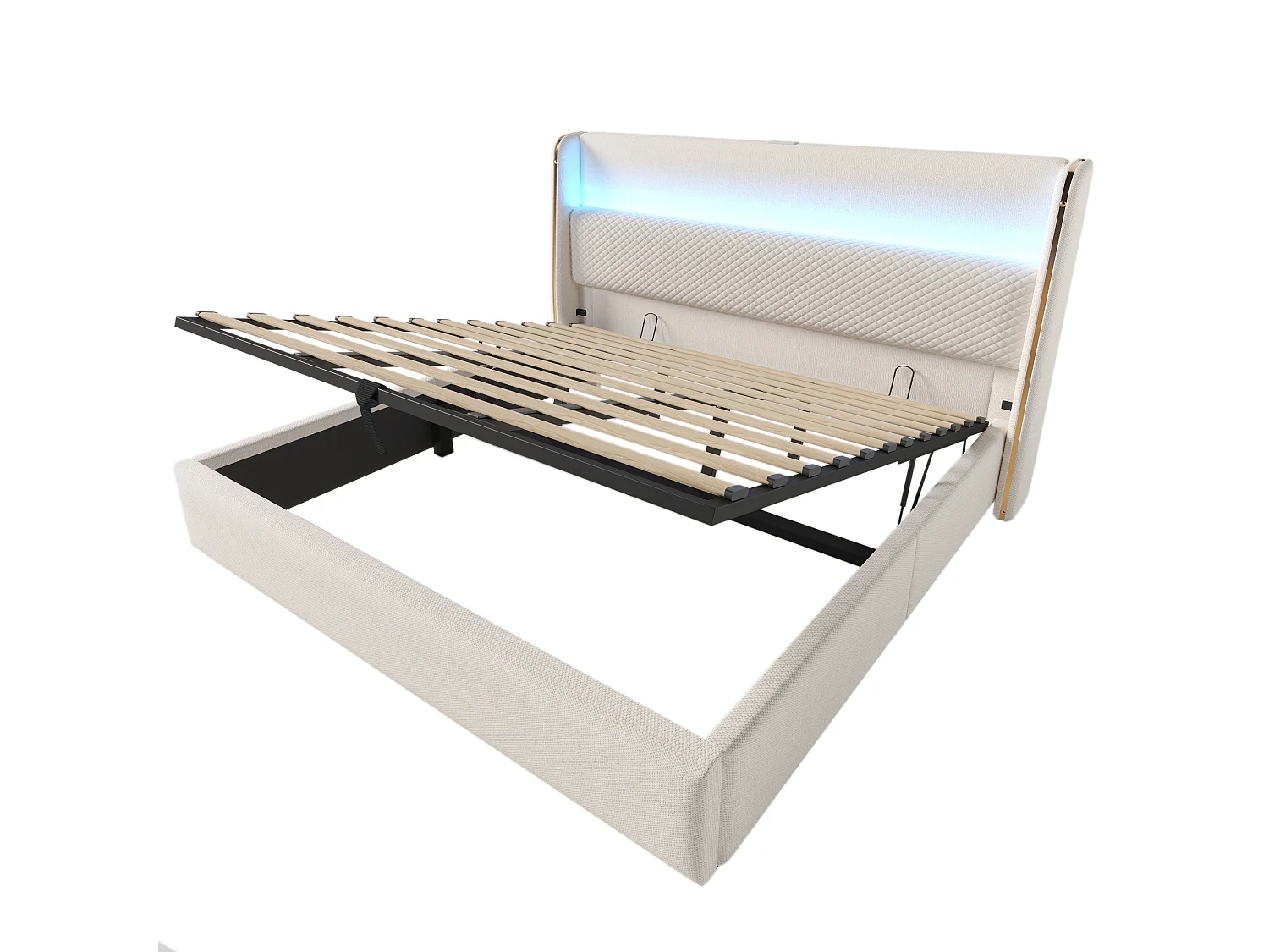 Lit coffre 180x200 cm Lit double avec LED et port USB, tête de lit capitonnée - Lin beige (sans matelas)