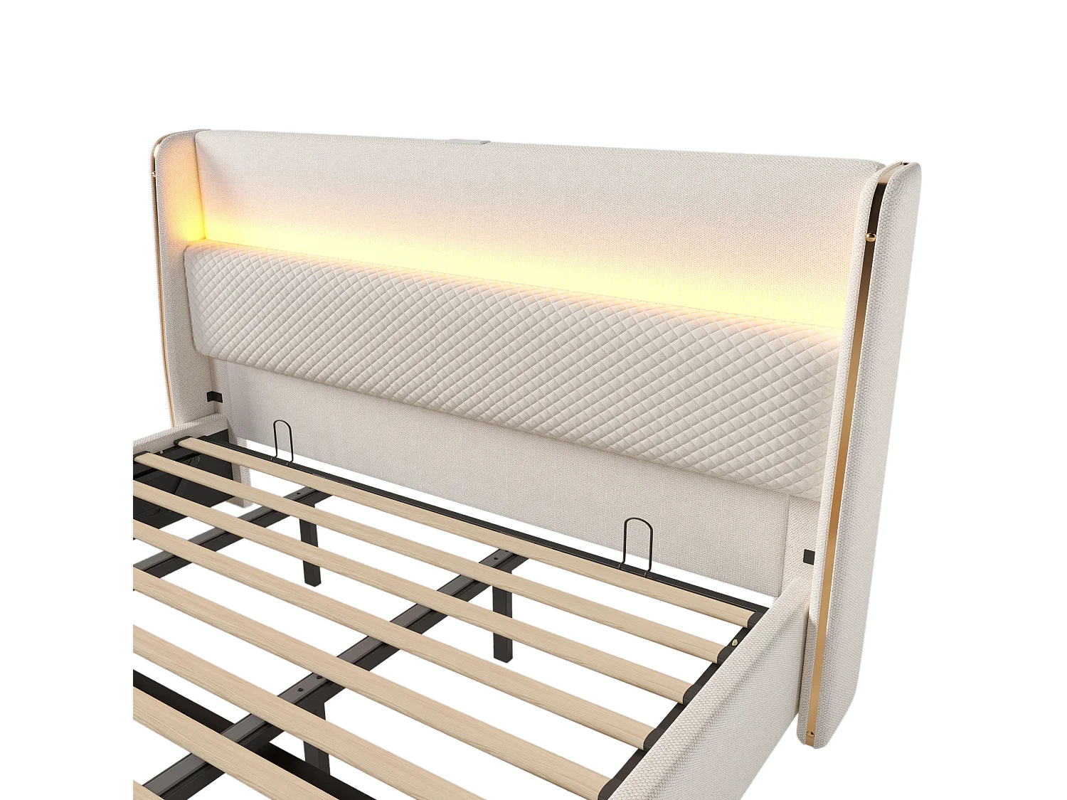 Lit coffre 180x200 cm Lit double avec LED et port USB, tête de lit capitonnée - Lin beige (sans matelas)