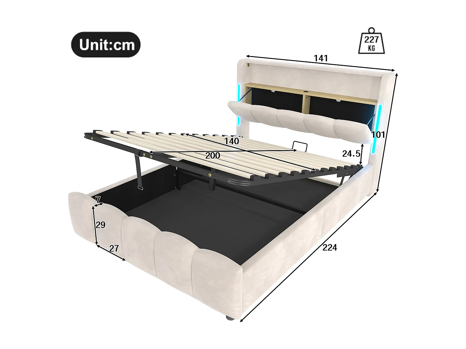 Lit coffre 140x200 cm, lit adulte avec LED et ports USB, tête de lit coffre - velours beige (sans matelas)