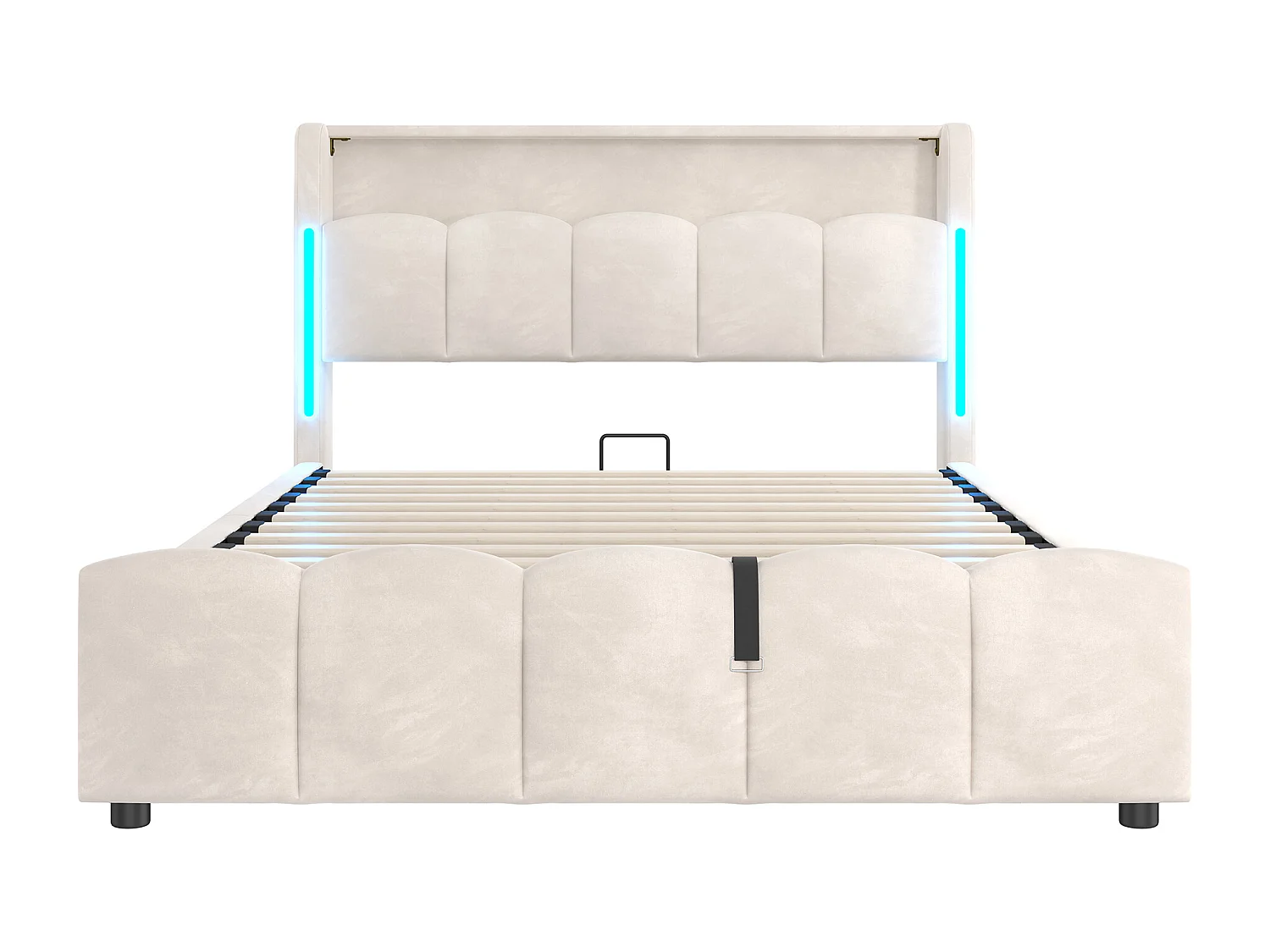 Lit coffre 140x200 cm, lit adulte avec LED et ports USB, tête de lit coffre - velours beige (sans matelas)
