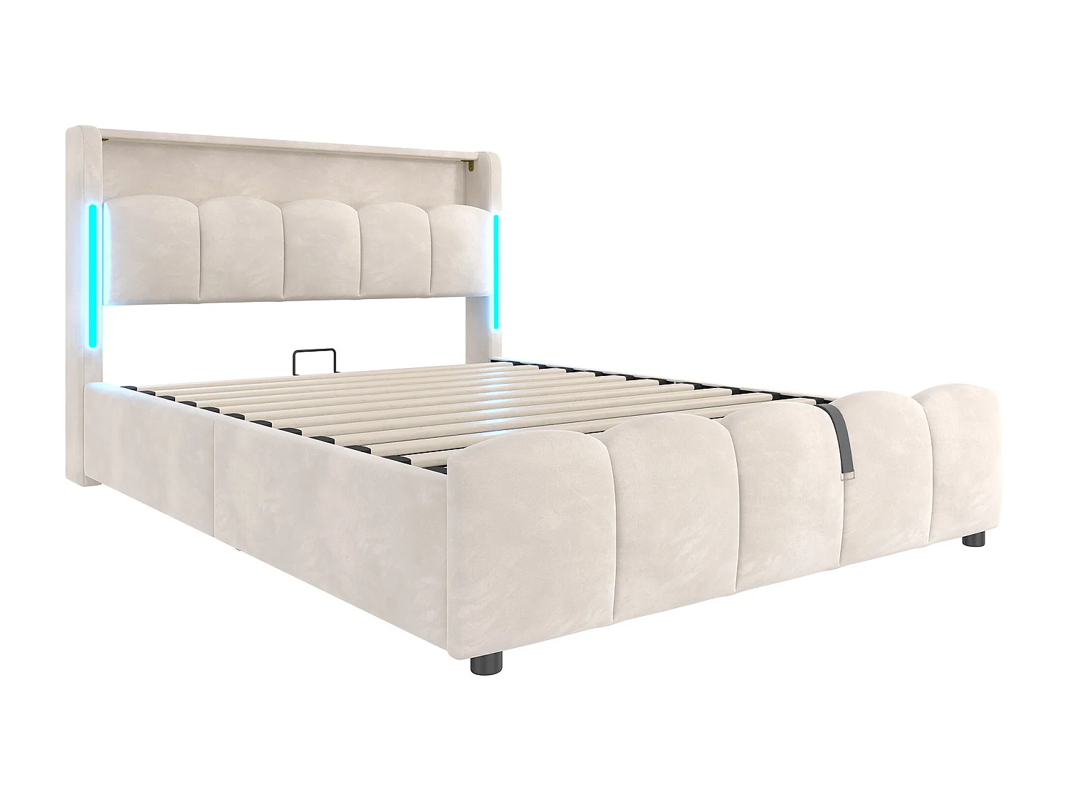 Lit coffre 140x200 cm, lit adulte avec LED et ports USB, tête de lit coffre - velours beige (sans matelas)