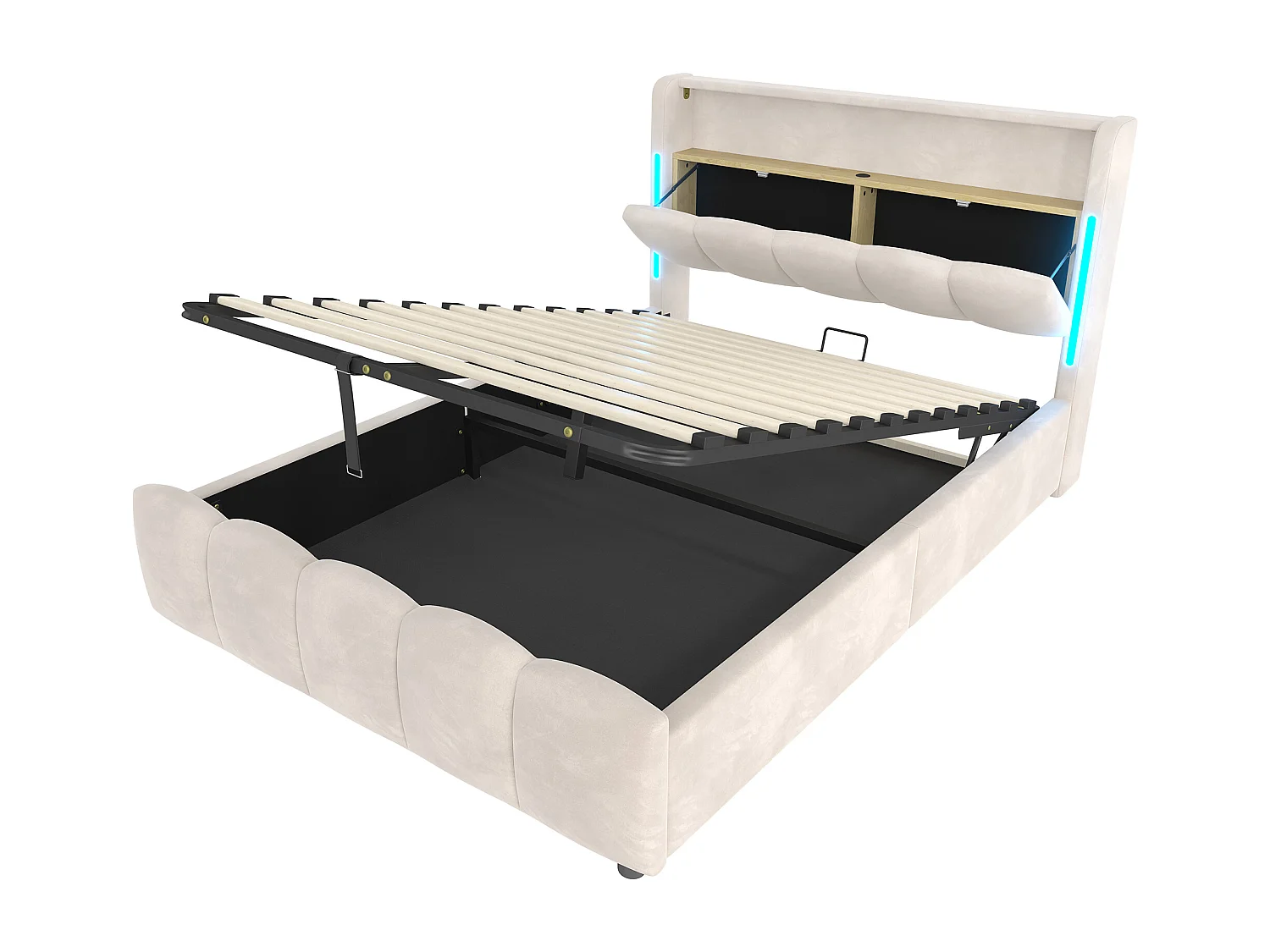Lit coffre 140x200 cm, lit adulte avec LED et ports USB, tête de lit coffre - velours beige (sans matelas)