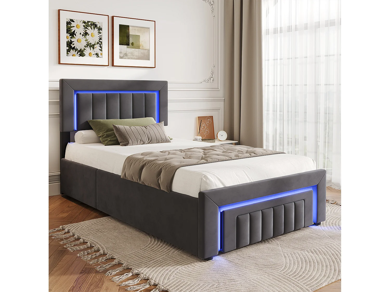 Gestoffeerd kinderbed 90x190 cm met LED, lade, metalen frame, fluweel, grijs