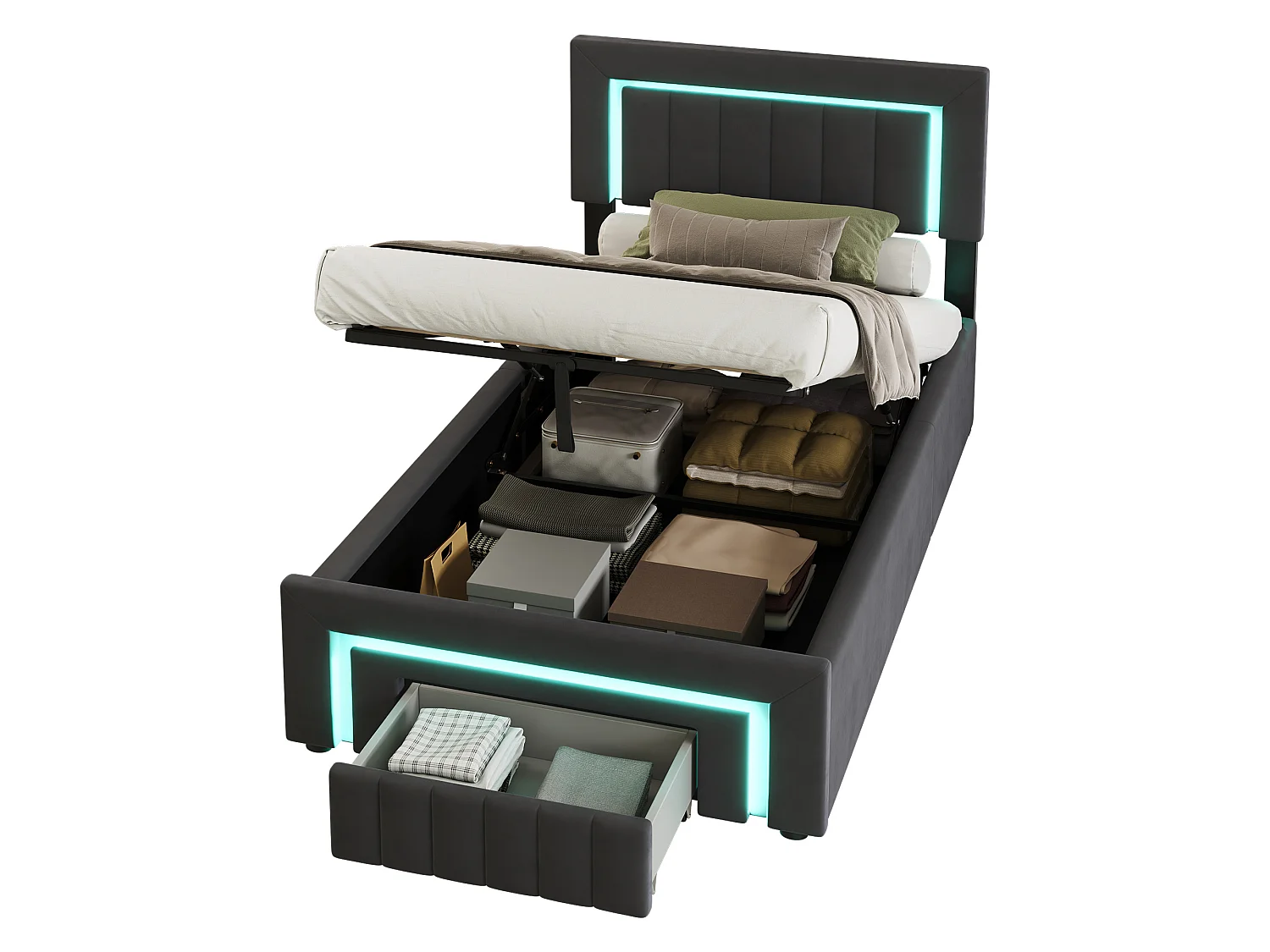 Gestoffeerd kinderbed 90x190 cm met LED, lade, metalen frame, fluweel, grijs