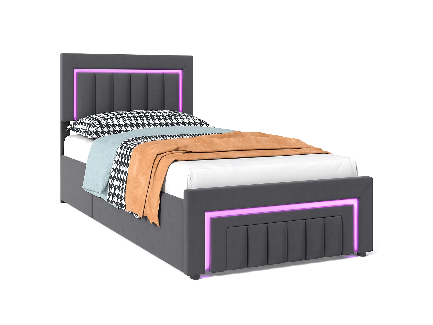 Gestoffeerd kinderbed 90x190 cm met LED, lade, metalen frame, fluweel, grijs