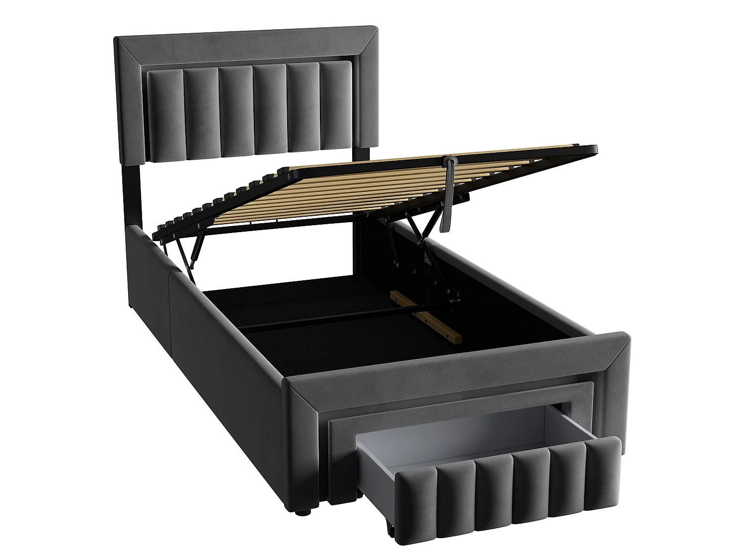 Gestoffeerd kinderbed 90x190 cm met LED, lade, metalen frame, fluweel, grijs
