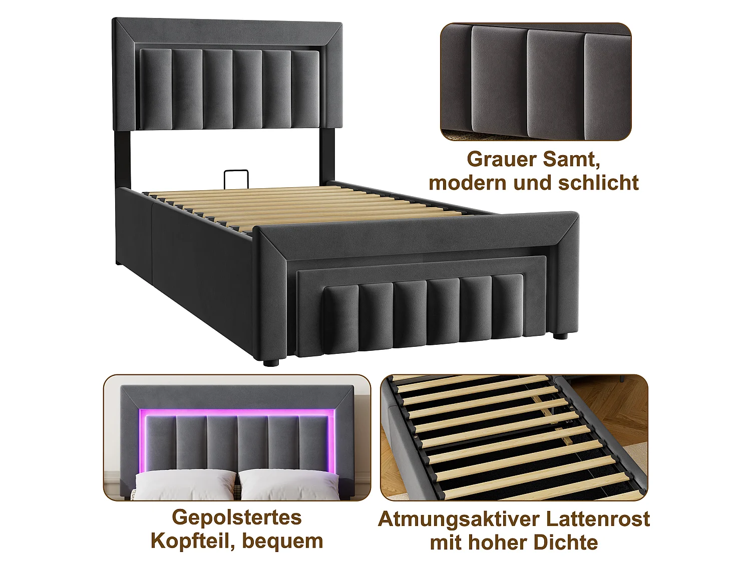 Gestoffeerd kinderbed 90x190 cm met LED, lade, metalen frame, fluweel, grijs