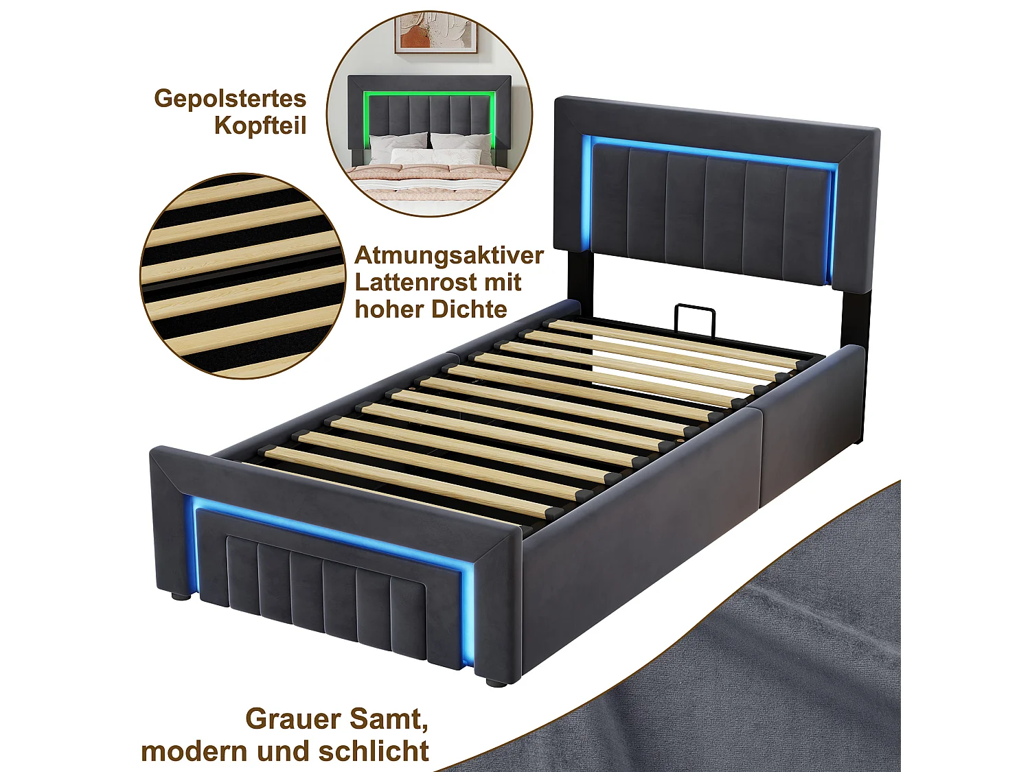 Gestoffeerd kinderbed 90x190 cm met LED, lade, metalen frame, fluweel, grijs