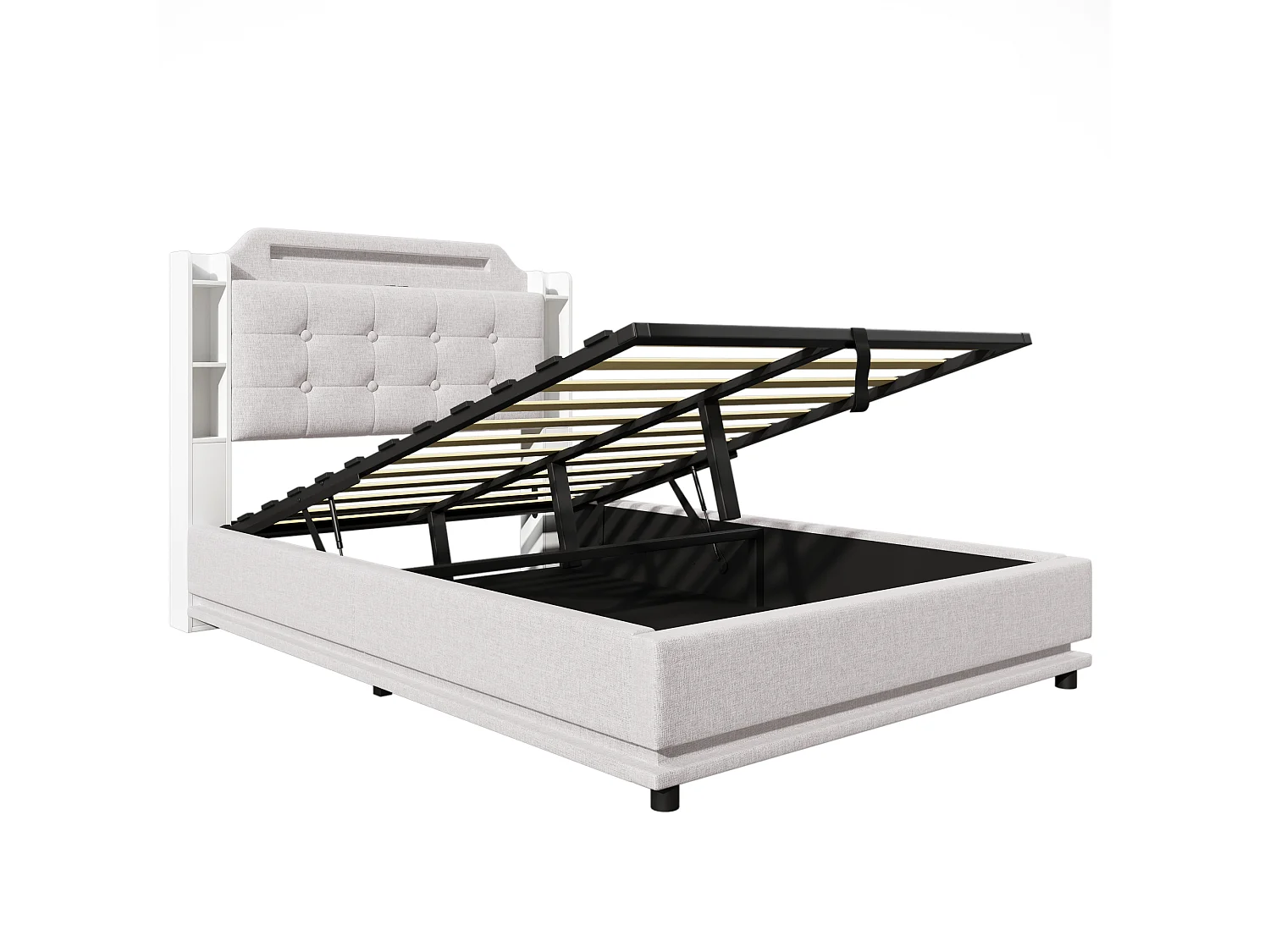 Stauraumbett 140x200 cm Erwachsenenbett mit LED und USB, gepolstertes Kopfteil - beiges Leinen (ohne Matratze)