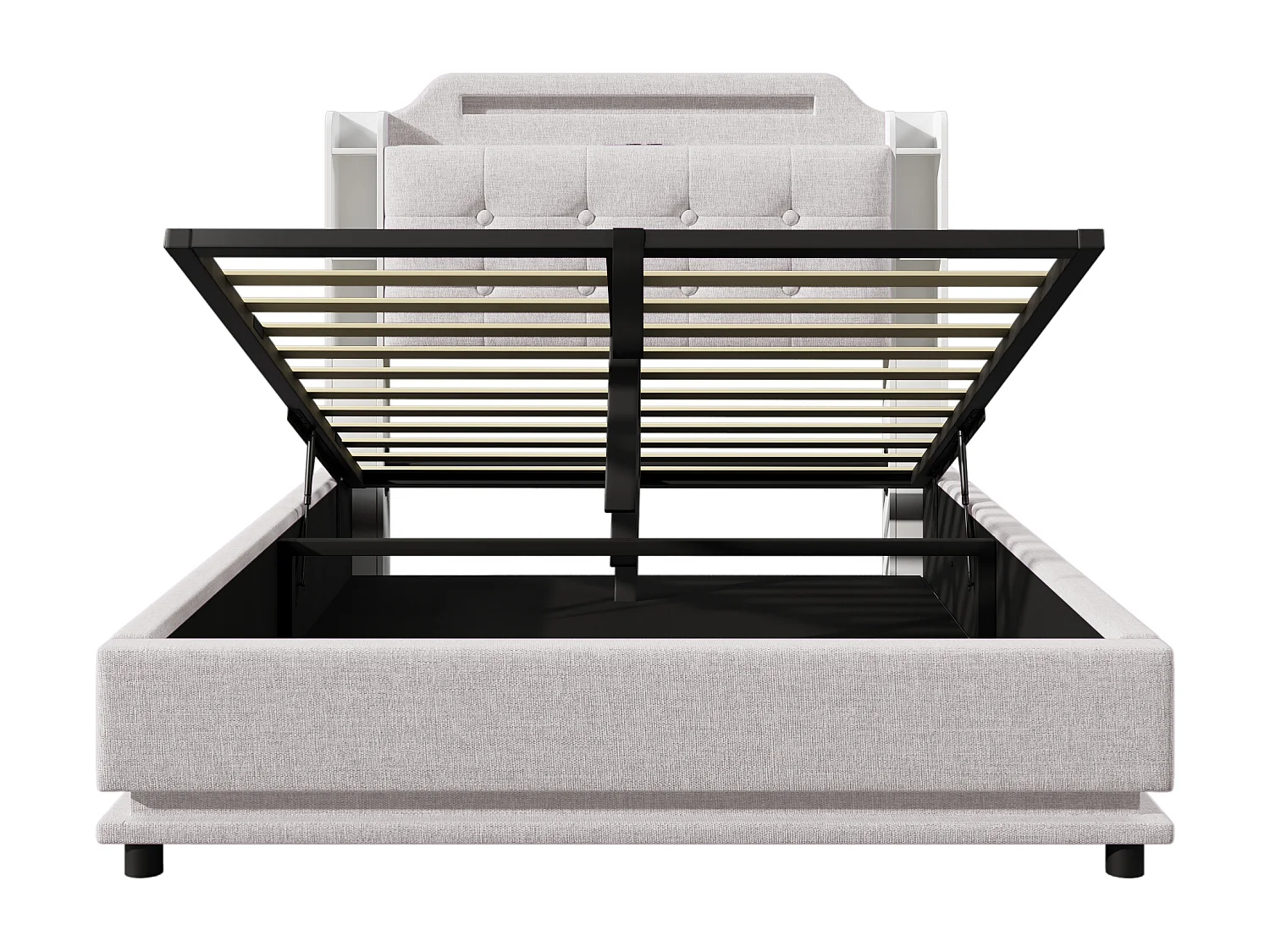 Stauraumbett 140x200 cm Erwachsenenbett mit LED und USB, gepolstertes Kopfteil - beiges Leinen (ohne Matratze)