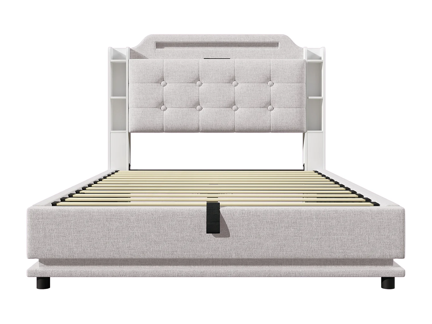 Stauraumbett 140x200 cm Erwachsenenbett mit LED und USB, gepolstertes Kopfteil - beiges Leinen (ohne Matratze)