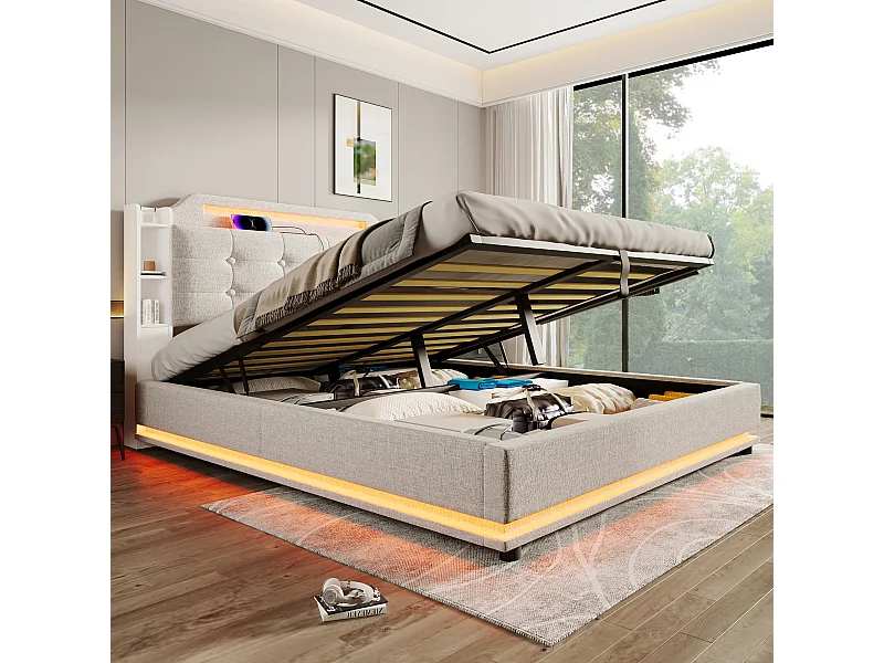 Stauraumbett 140x200 cm Erwachsenenbett mit LED und USB, gepolstertes Kopfteil - beiges Leinen (ohne Matratze)