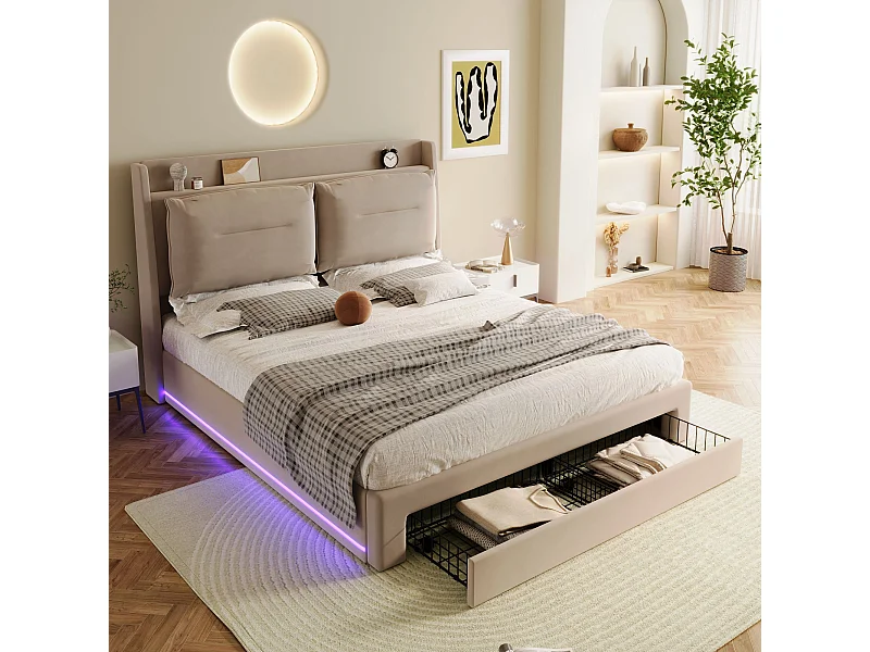 Lit coffre 180x200 cm, lit double avec 1 tiroir et tête de lit capitonnée, éclairage LED - velours beige (sans matelas)