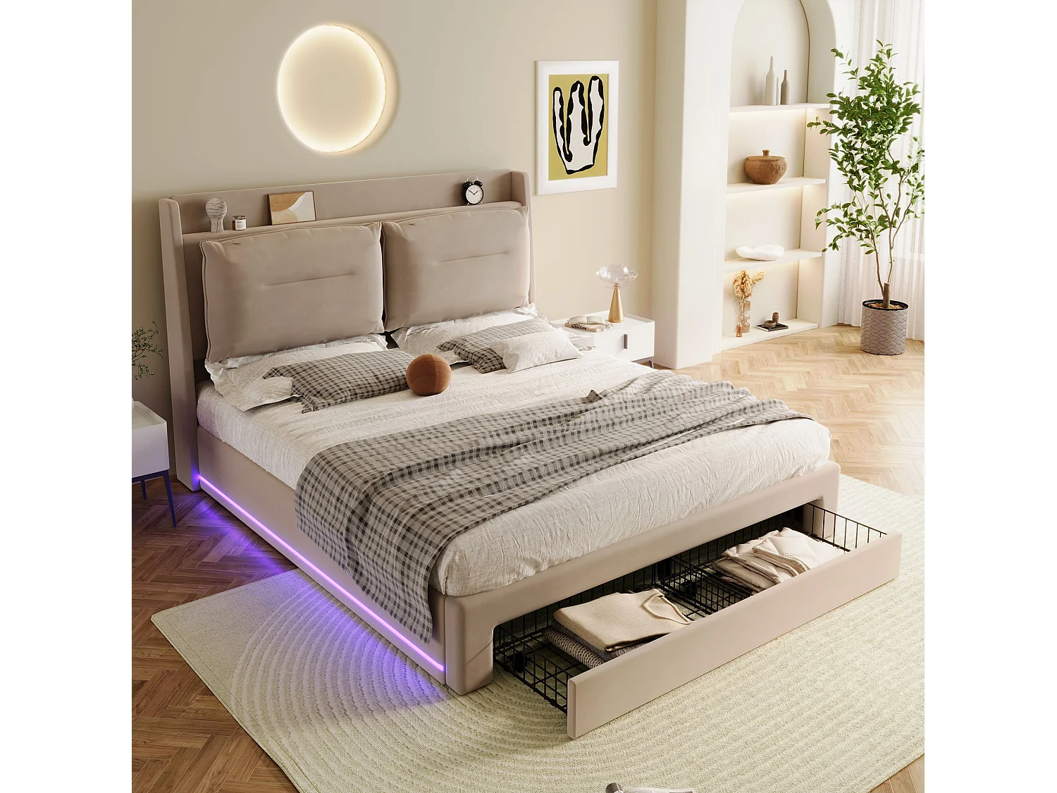 Cama con almacenaje 180x200 cm, cama doble con 1 cajón y cabecero tapizado, luz LED - terciopelo beige (sin colchón)