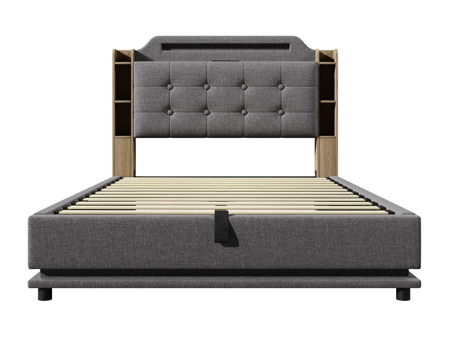 Stauraumbett 140x200 cm Erwachsenenbett mit LED und USB, gepolstertes Kopfteil - graues Leinen (ohne Matratze)