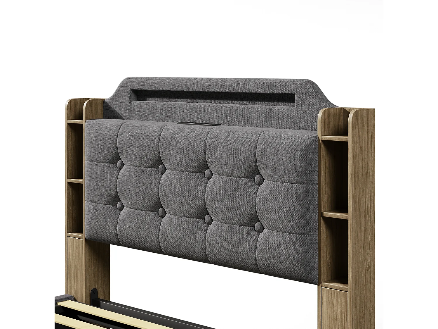 Stauraumbett 140x200 cm Erwachsenenbett mit LED und USB, gepolstertes Kopfteil - graues Leinen (ohne Matratze)