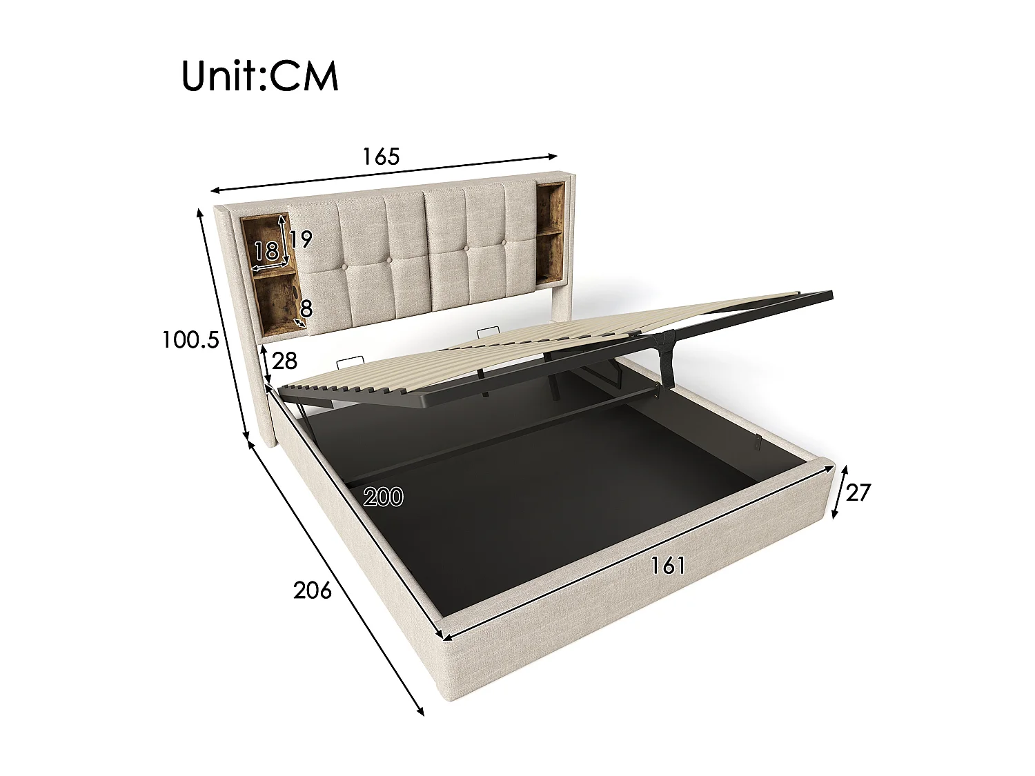 Stauraumbett 160 x 200 cm, Erwachsenenbett mit USB-Anschluss und kabelloser Ladefunktion - Naturfarbe - Leinen (ohne Matratze)