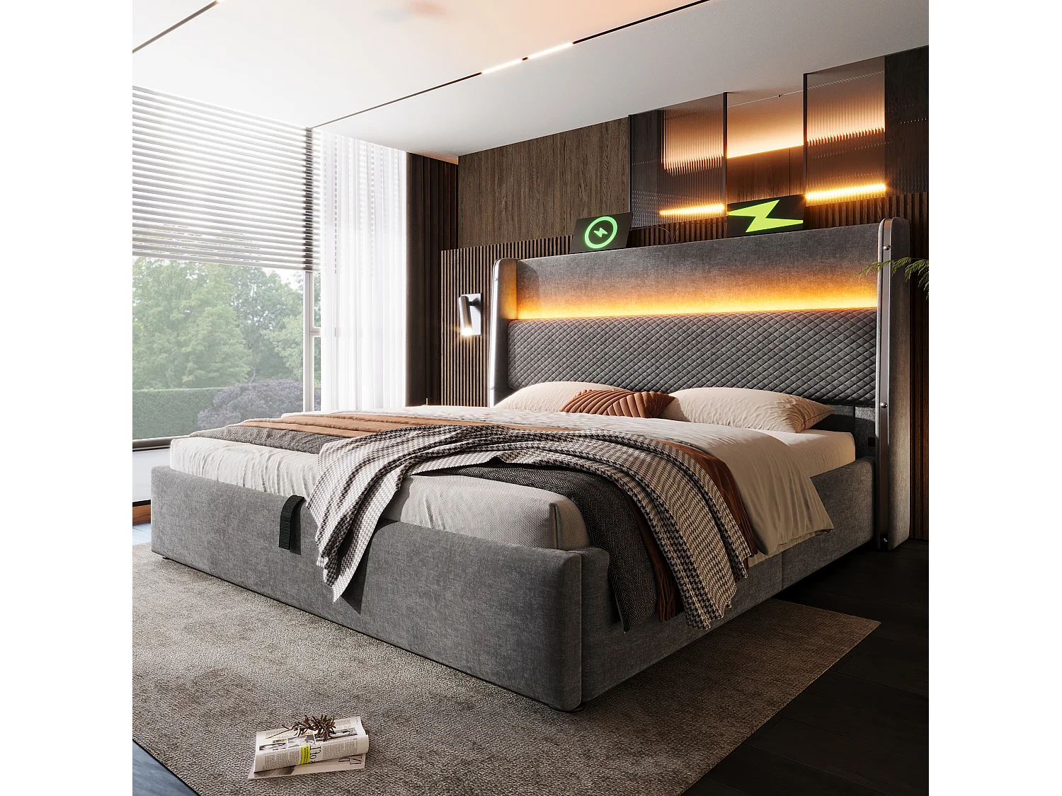 Cama con almacenaje 180 x 200 cm Cama doble con luces LED y puerto USB, cabecero tapizado - Lino gris (sin colchón)