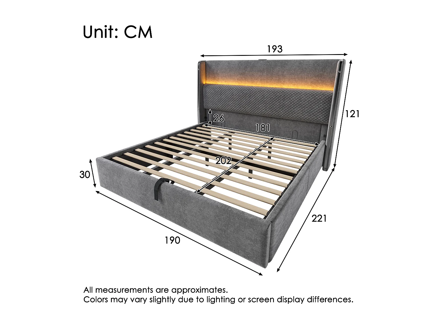 Stauraumbett 180x200 cm Doppelbett mit LED und USB-Anschluss, gepolstertes Kopfteil - grau Leinen (ohne Matratze)