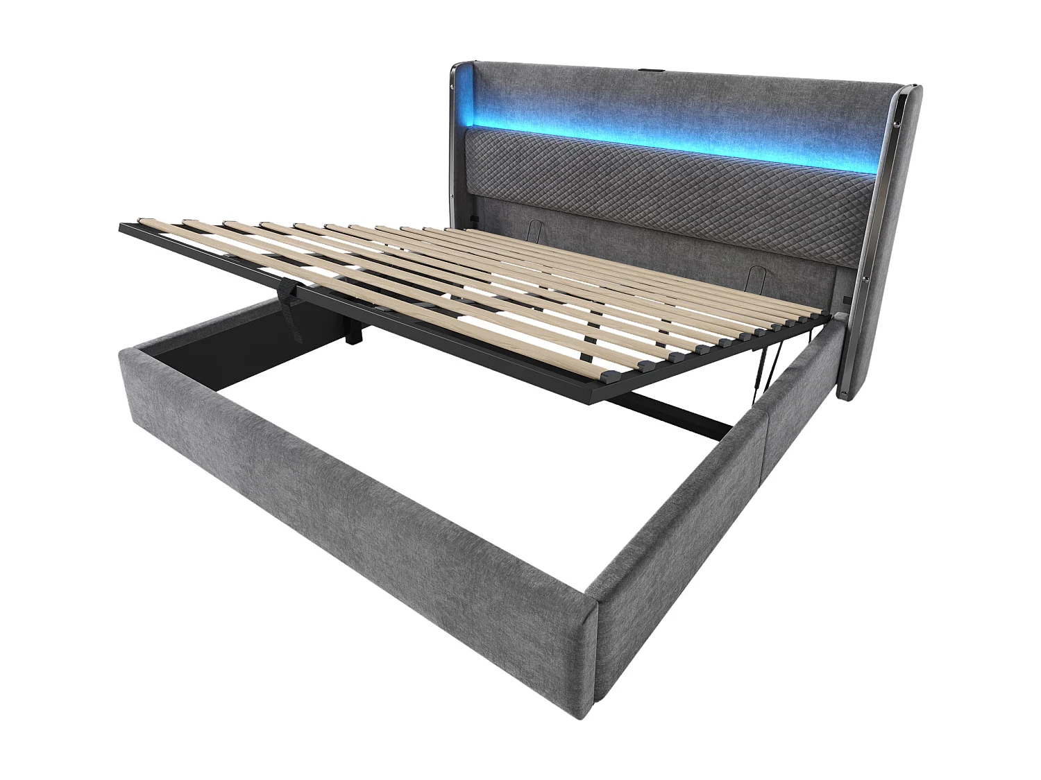 Stauraumbett 180x200 cm Doppelbett mit LED und USB-Anschluss, gepolstertes Kopfteil - grau Leinen (ohne Matratze)