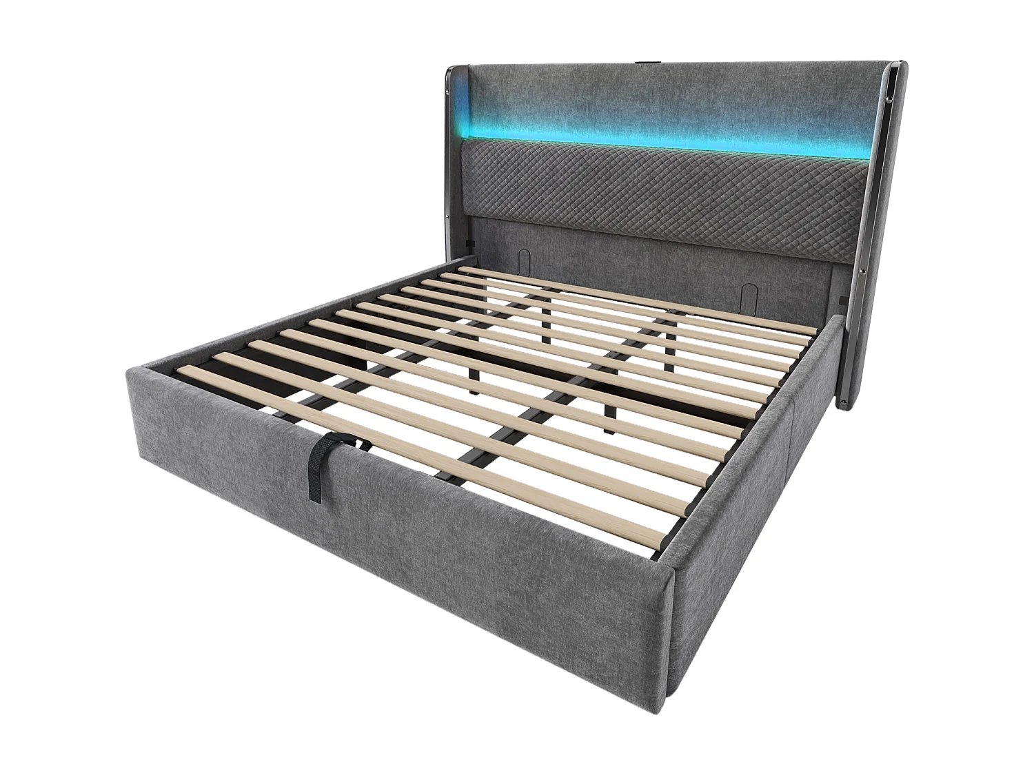 Stauraumbett 180x200 cm Doppelbett mit LED und USB-Anschluss, gepolstertes Kopfteil - grau Leinen (ohne Matratze)