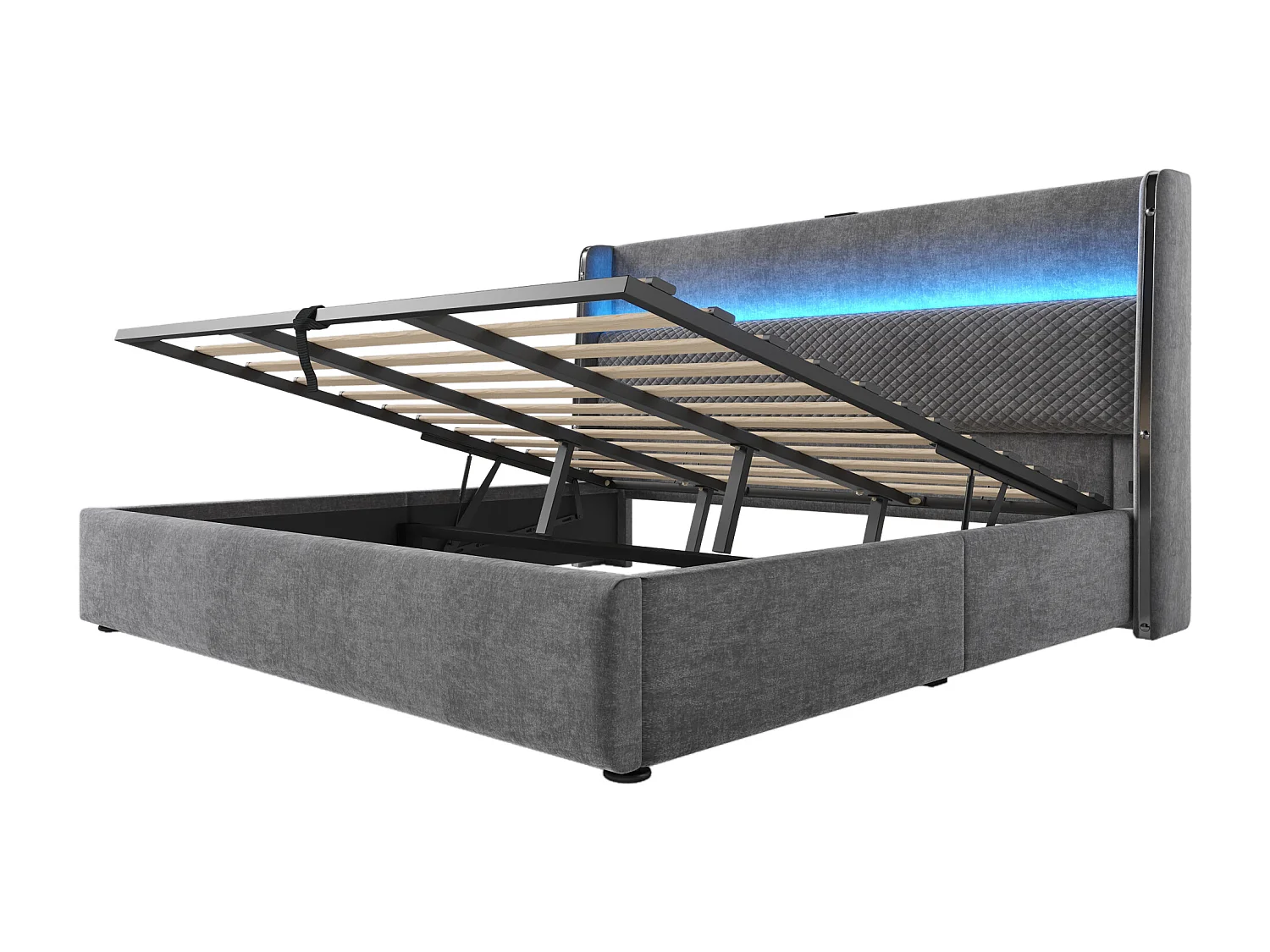 Stauraumbett 180x200 cm Doppelbett mit LED und USB-Anschluss, gepolstertes Kopfteil - grau Leinen (ohne Matratze)