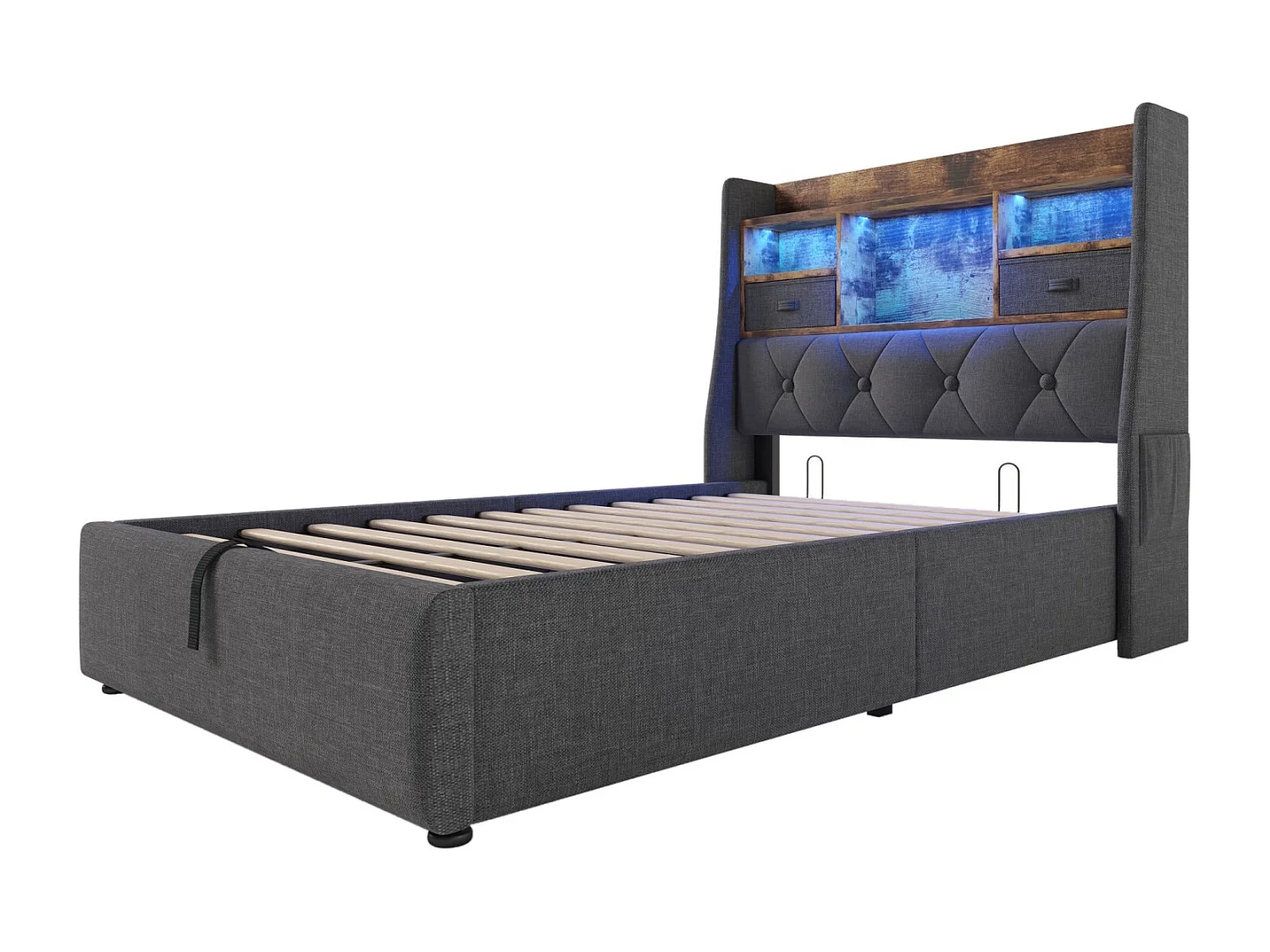 Łóżko ze schowkiem 90x200 cm, łóżko dziecięce  z USB i LED, zagłówek ze schowkiem - Szary len (bez materaca)