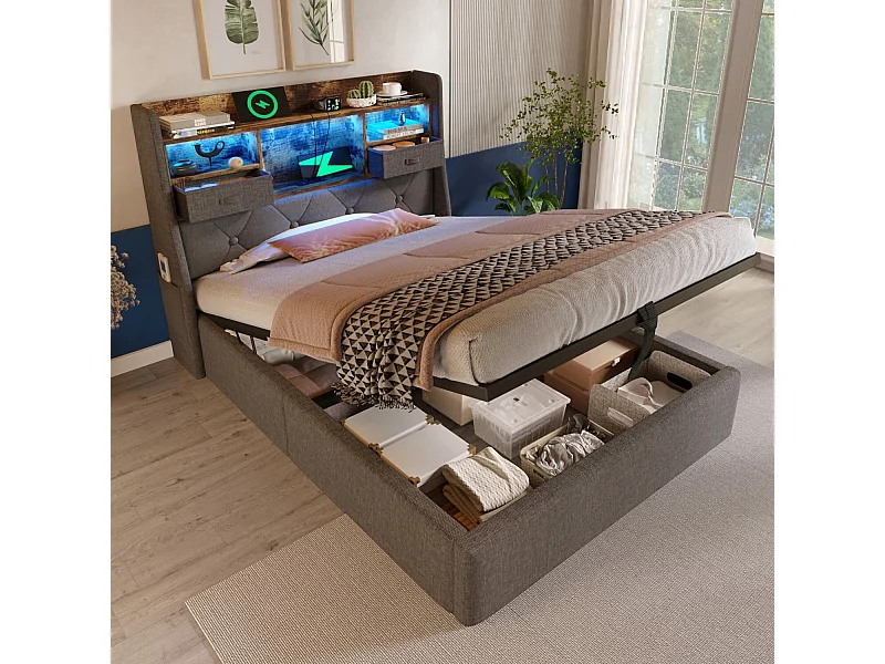 Opbergbed 90x200 cm Kinderbed met USB en LED, opberghoofdeinde - Grijs linnen (zonder matras)