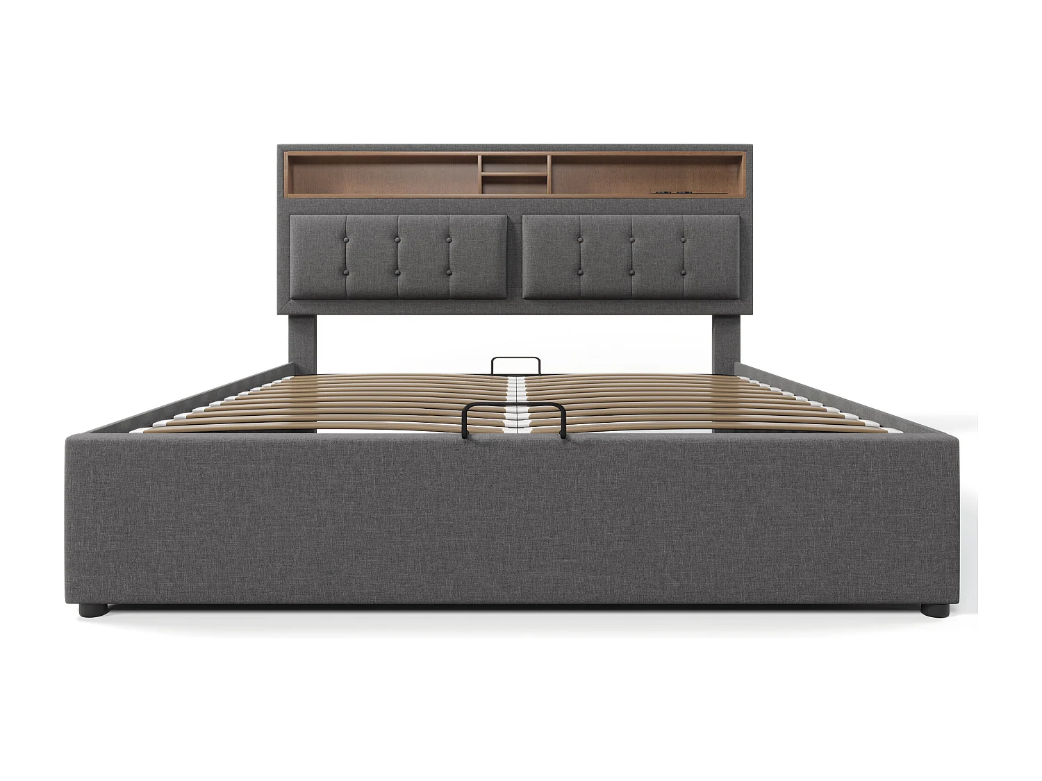 Lit coffre 140x200 - avec tête de lit avec rangement, USB/Type-C, sommier à lattes - en lin - gris - matelas inclus