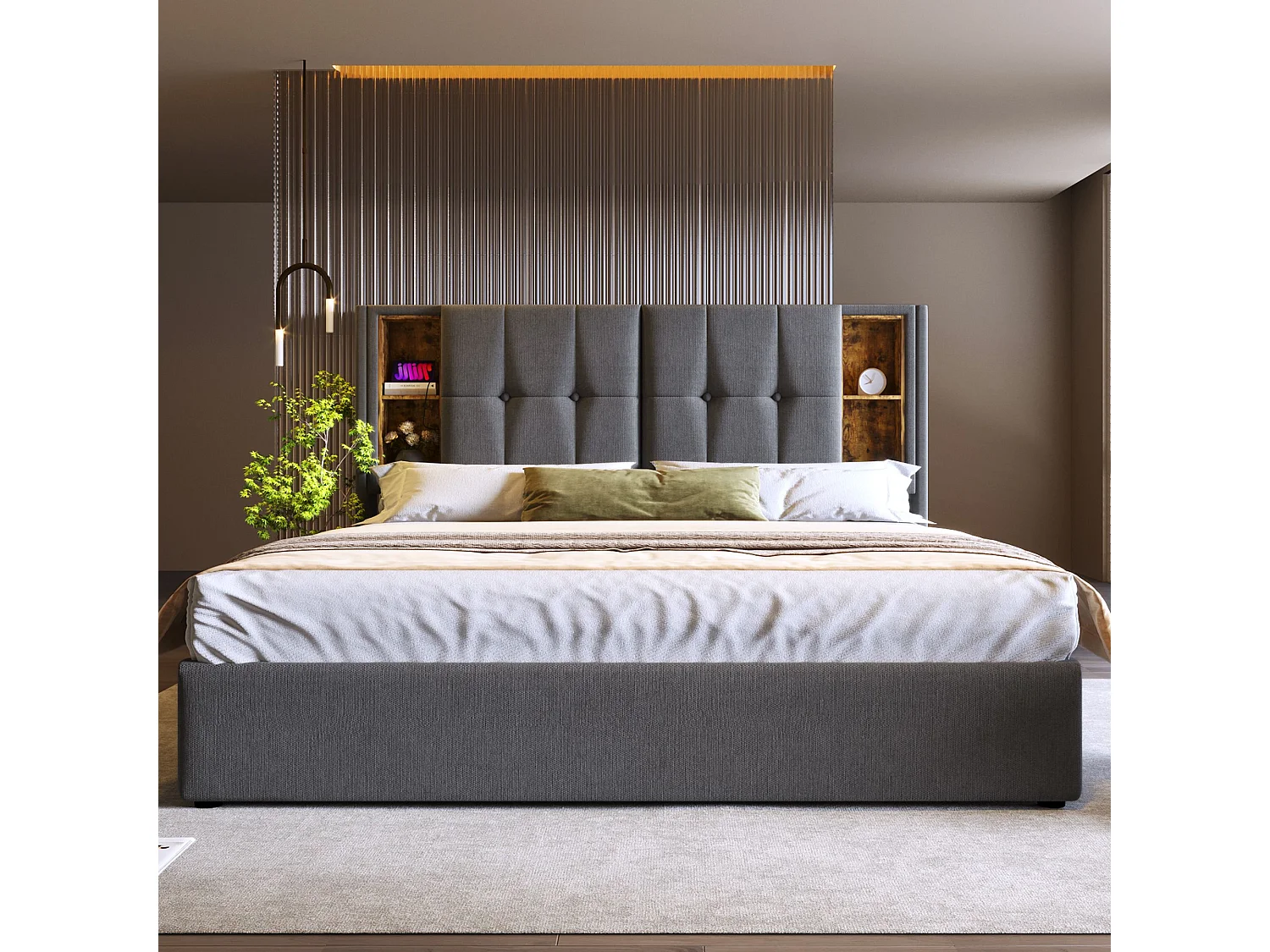 lit coffre 140x200 cm - avec tête de lit avec rangement, rangement ouvert, USB, Type-C, sommier à lattes - gris - matelas inclus