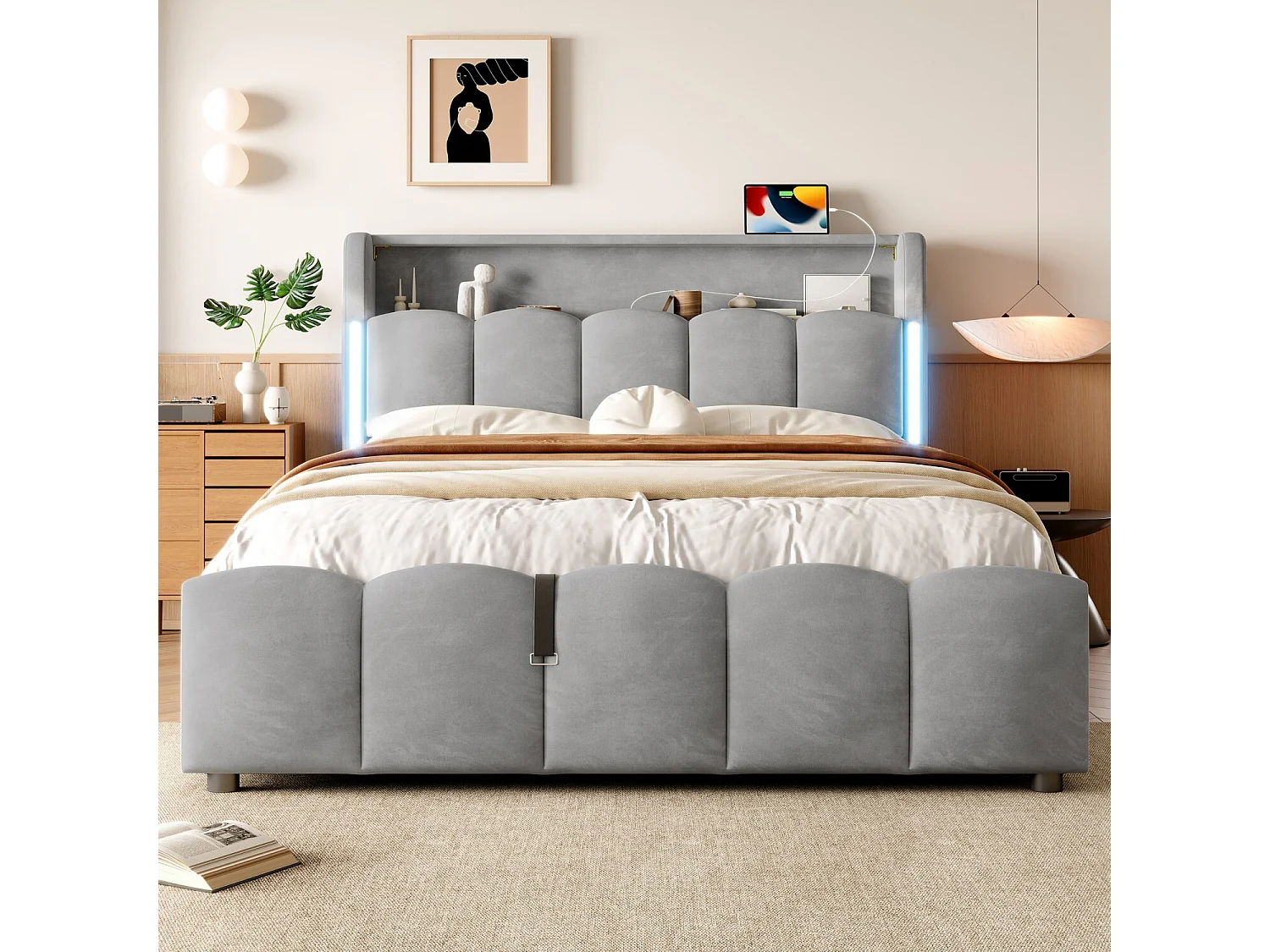 Lit coffre 140x200 cm, lit adulte avec LED et ports USB, tête de lit coffre - velours gris (sans matelas)