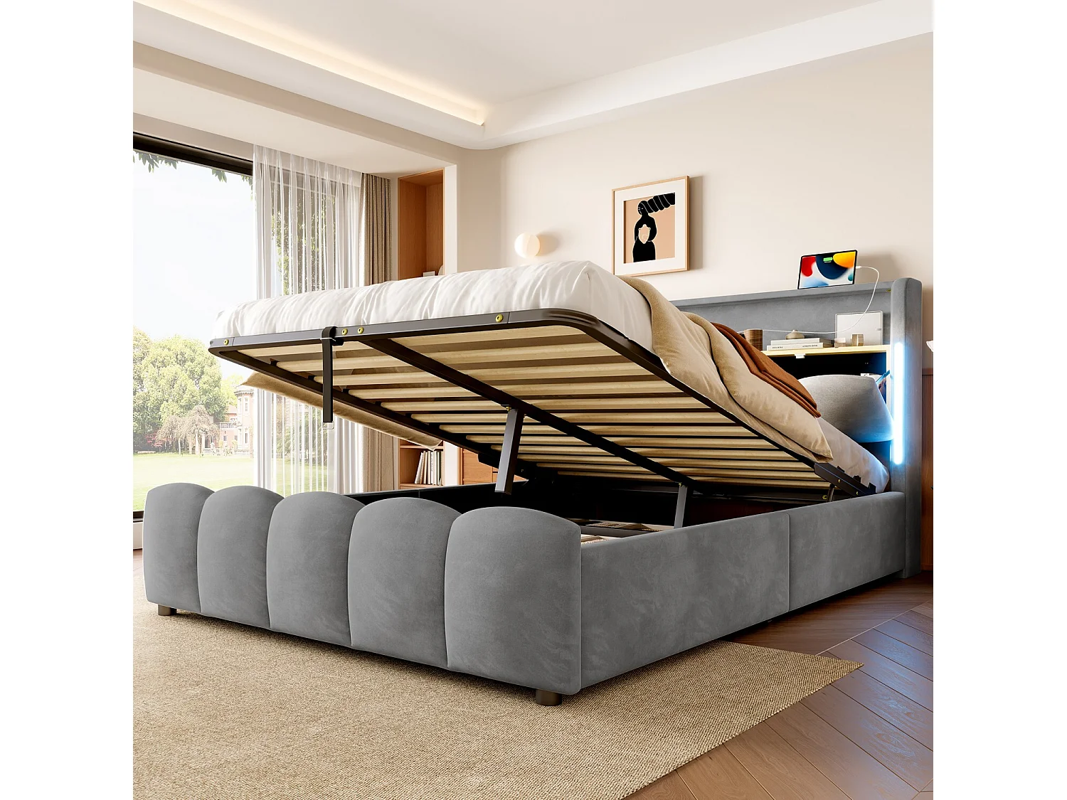 Lit coffre 140x200 cm, lit adulte avec LED et ports USB, tête de lit coffre - velours gris (sans matelas)
