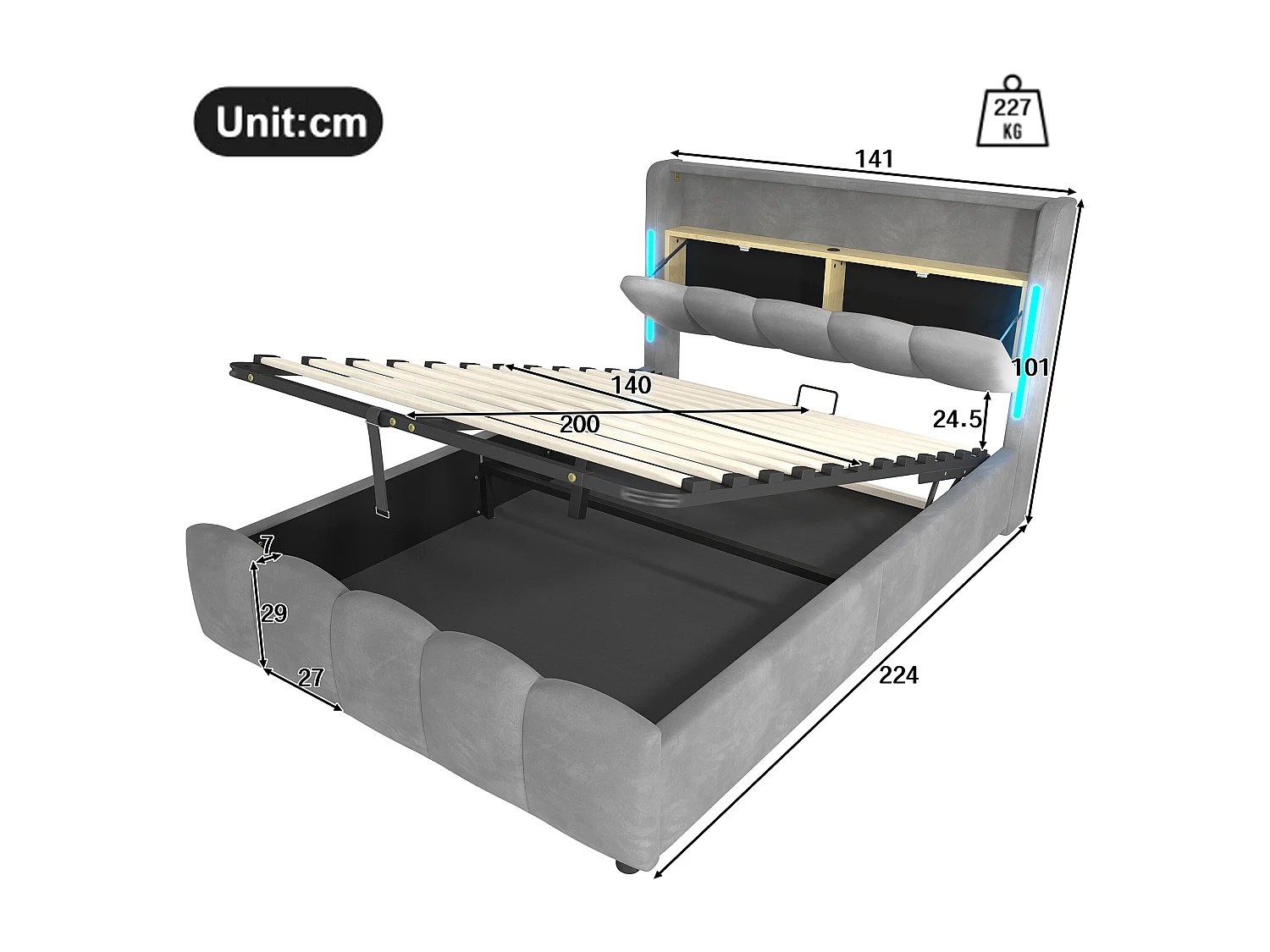Lit coffre 140x200 cm, lit adulte avec LED et ports USB, tête de lit coffre - velours gris (sans matelas)