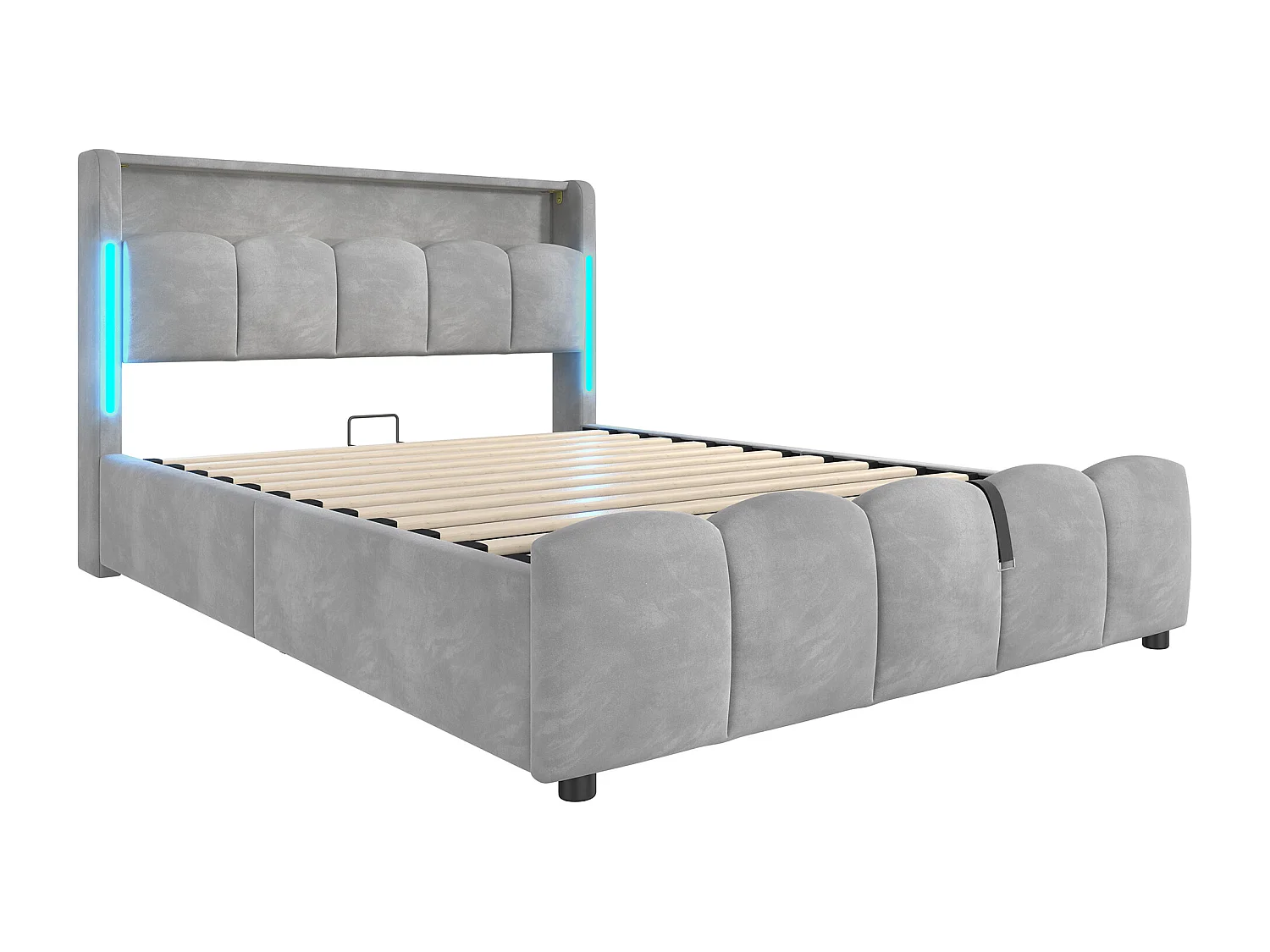 Lit coffre 140x200 cm, lit adulte avec LED et ports USB, tête de lit coffre - velours gris (sans matelas)