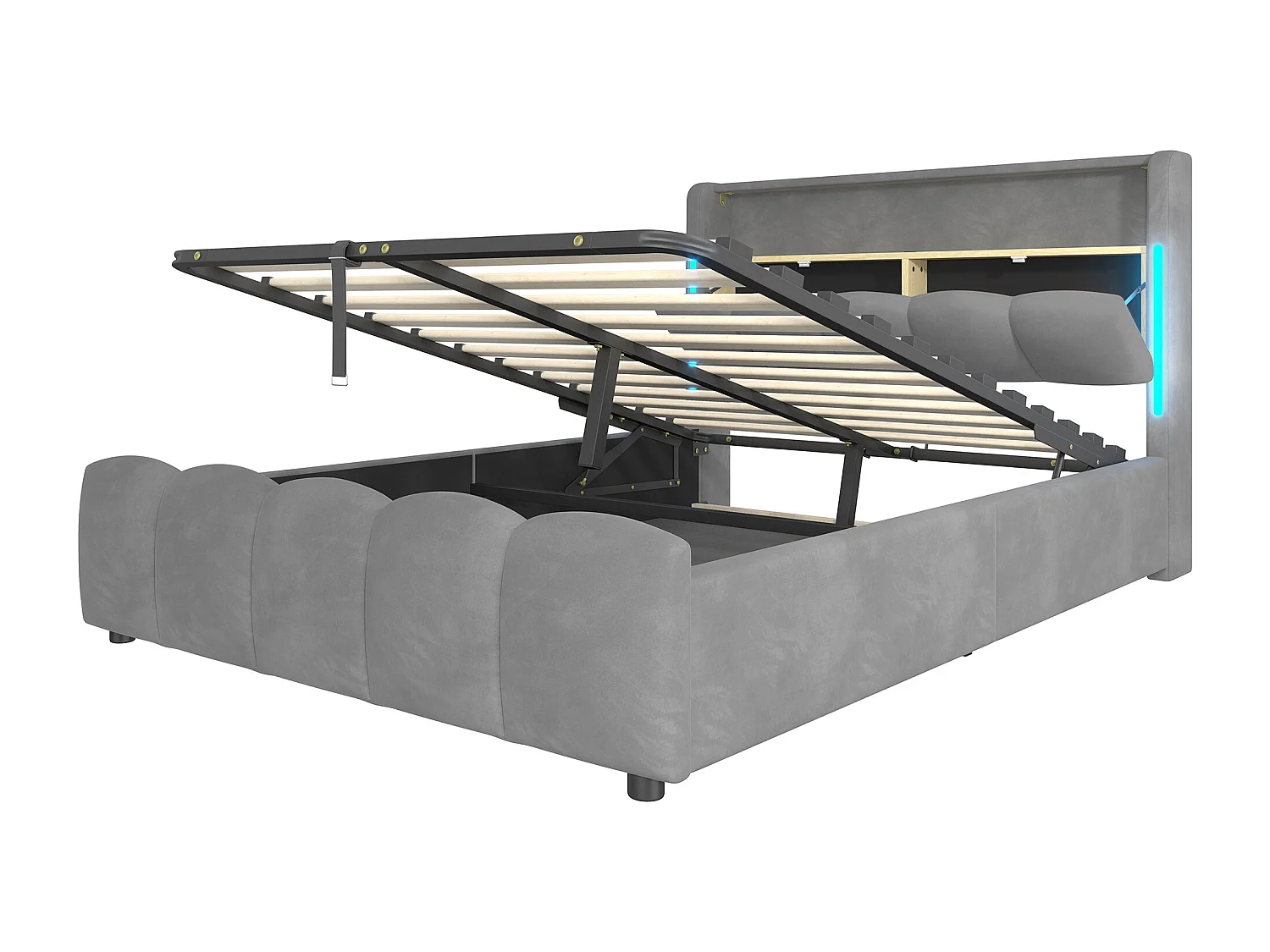 Lit coffre 140x200 cm, lit adulte avec LED et ports USB, tête de lit coffre - velours gris (sans matelas)