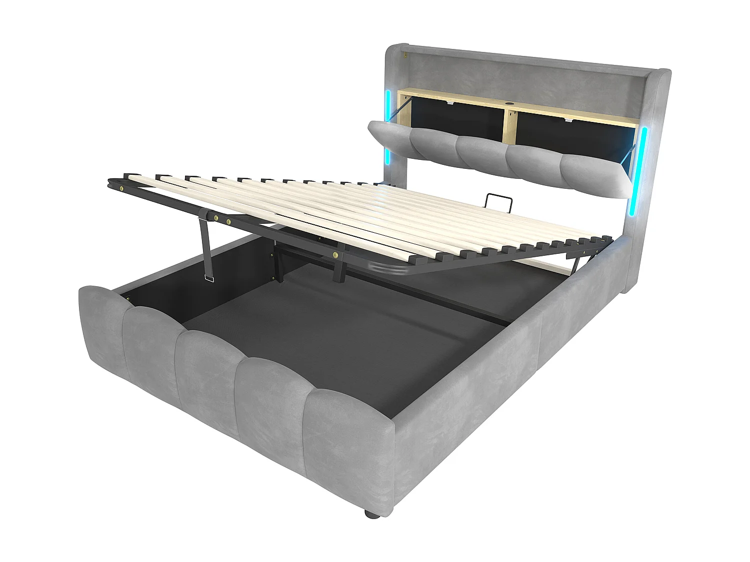 Lit coffre 140x200 cm, lit adulte avec LED et ports USB, tête de lit coffre - velours gris (sans matelas)