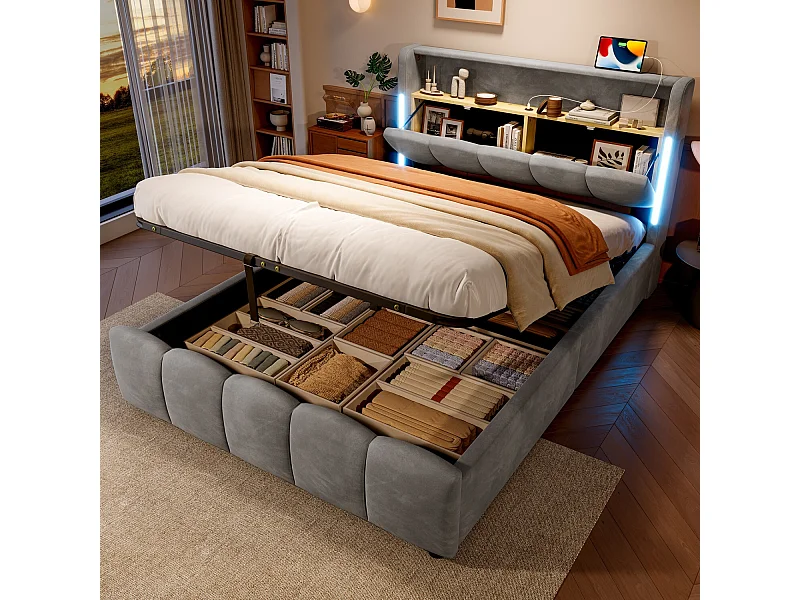 Lit coffre 140x200 cm, lit adulte avec LED et ports USB, tête de lit coffre - velours gris (sans matelas)