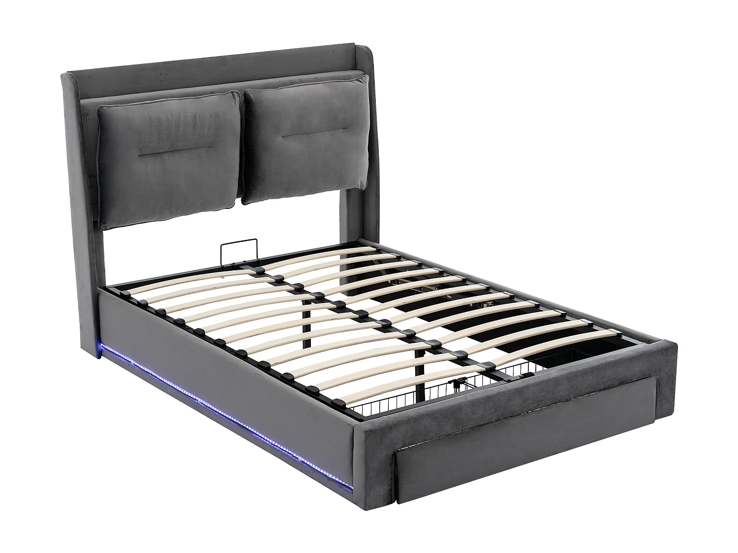 Stauraumbett 180x200 cm, Doppelbett mit 1 Schublade und gepolstertem Kopfteil, LED-Beleuchtung – grauer Samt (ohne Matratze)