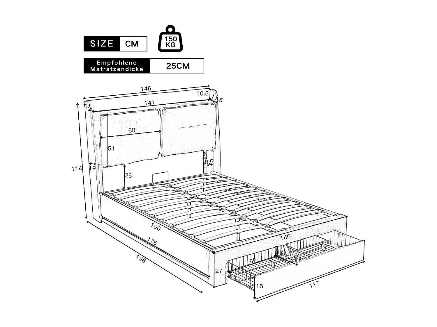 Stauraumbett 140 x 190 cm, Doppelbett mit Schublade, gepolstertem Kopfteil und LED-Beleuchtung – grauer Samt (ohne Matratze)