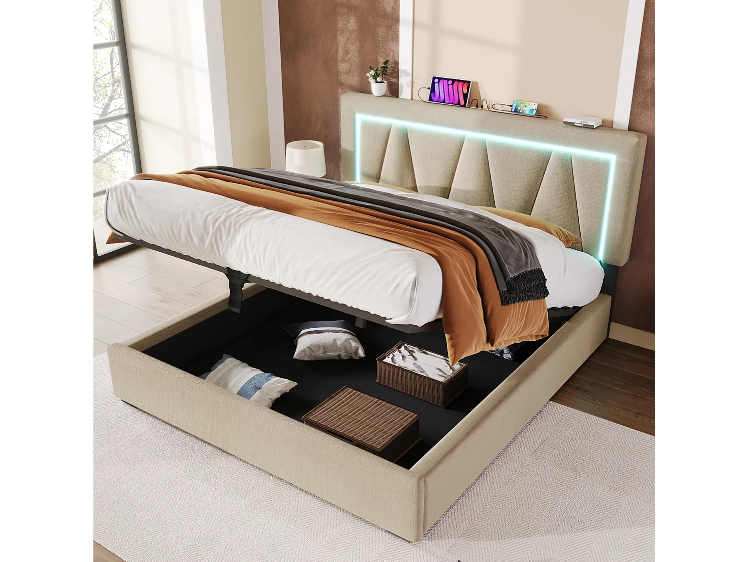 Lit coffre 160x200 - avec tête de lit avec rangement, USB, Type-C, LED - en lin - beige - matelas inclus