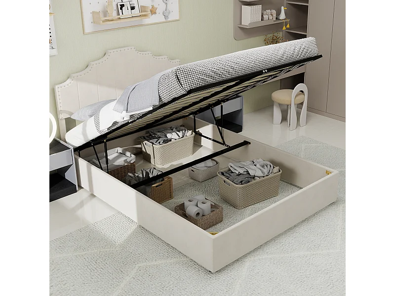 Łóżko z pojemnikiem 160x200 cm, łóżko dla dorosłych z miękkim zagłówkiem i stelażem - aksamit - beżowe (bez materaca)