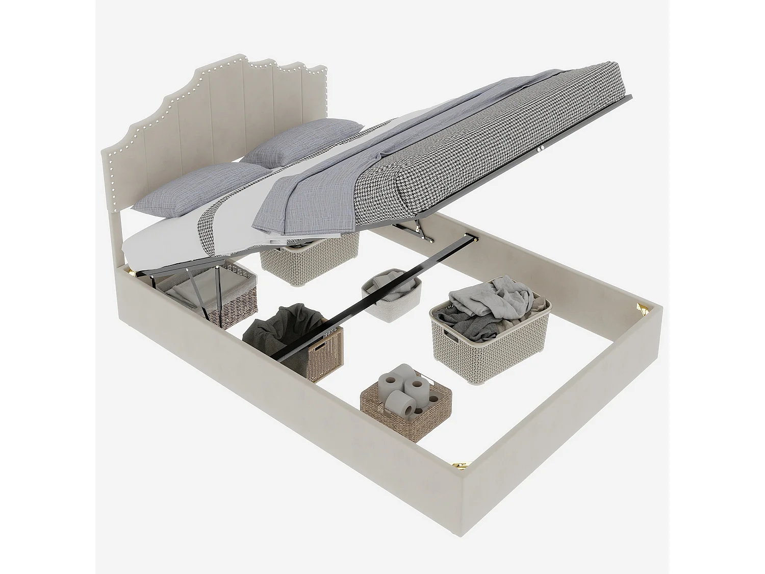 Łóżko z pojemnikiem 160x200 cm, łóżko dla dorosłych z miękkim zagłówkiem i stelażem - aksamit - beżowe (bez materaca)