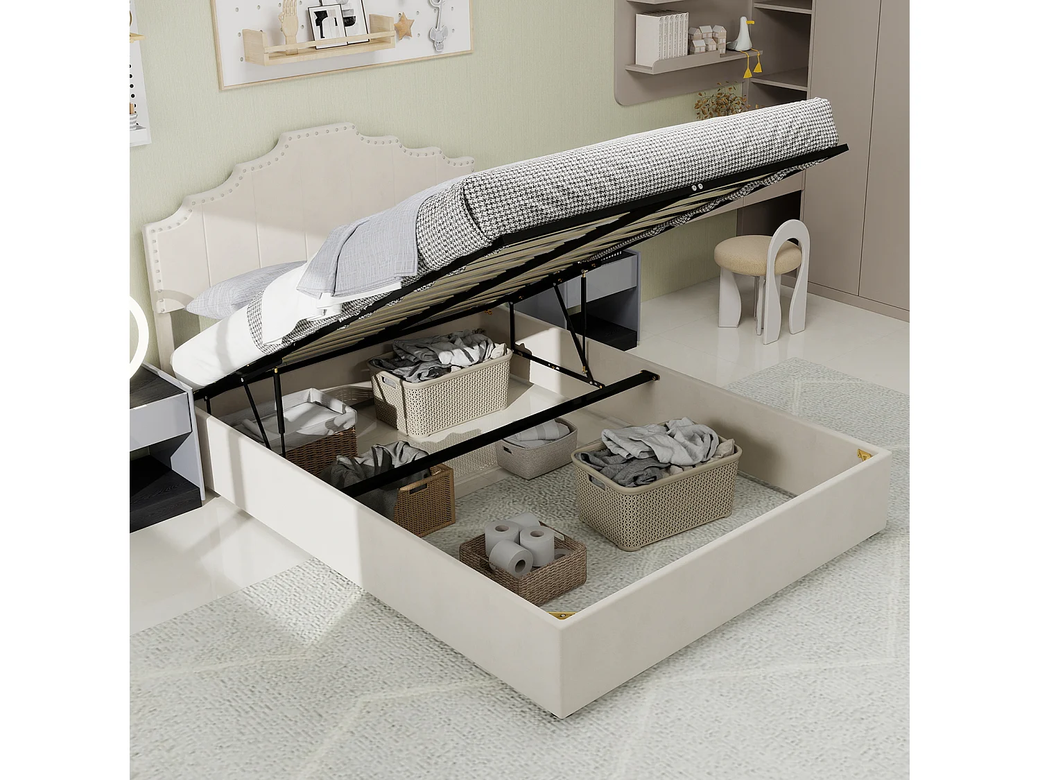 Lit coffre 160x200 cm, lit adulte avec tête de lit souple et sommier à lattes - velours - beige (sans matelas)