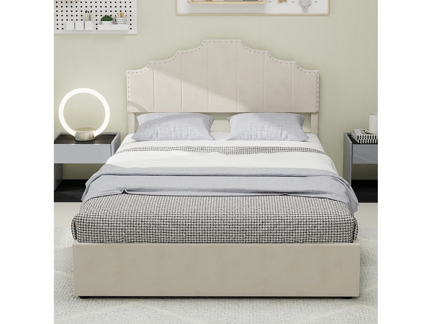 Lit coffre 160x200 cm, lit adulte avec tête de lit souple et sommier à lattes - velours - beige (sans matelas)