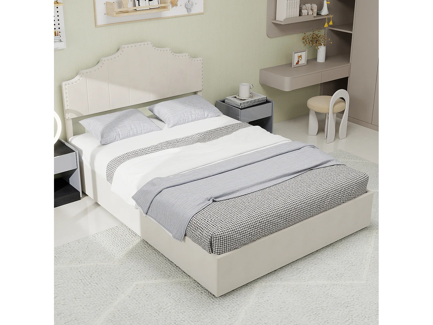 Lit coffre 160x200 cm, lit adulte avec tête de lit souple et sommier à lattes - velours - beige (sans matelas)