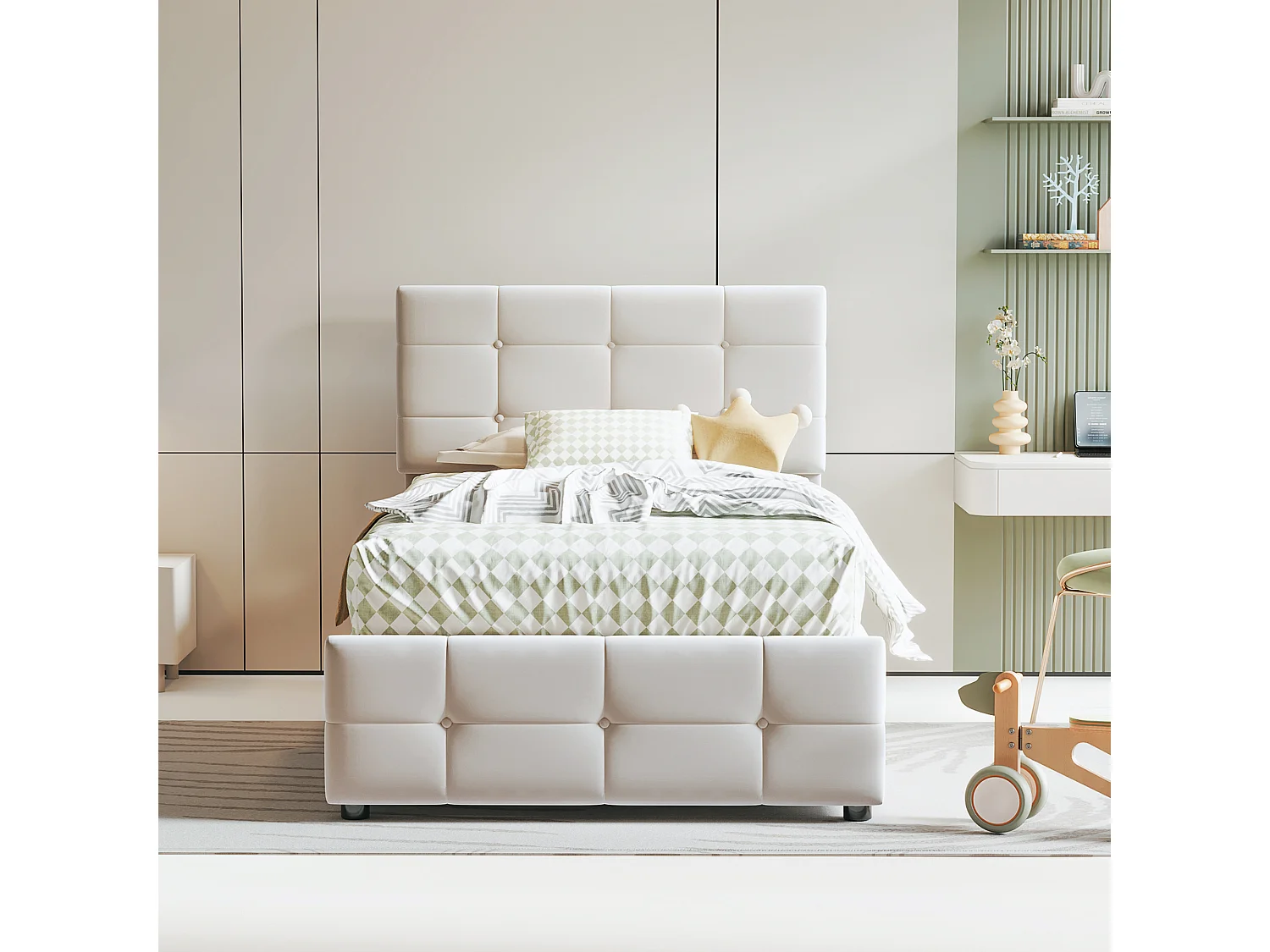 Lit coffre 90x200 cm, lit enfant avec tête de lit réglable - velours beige (sans matelas)