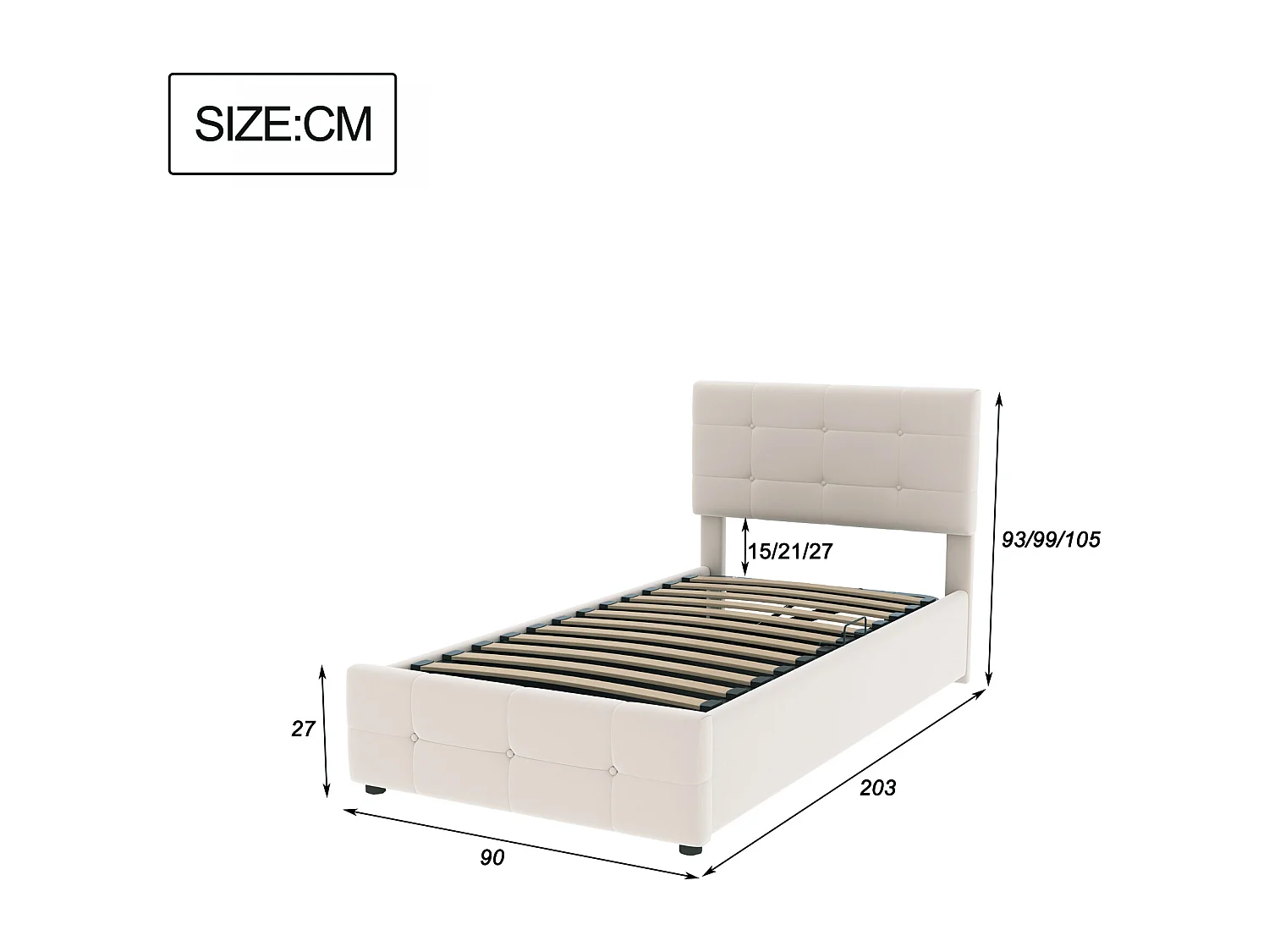 Lit coffre 90x200 cm, lit enfant avec tête de lit réglable - velours beige (sans matelas)
