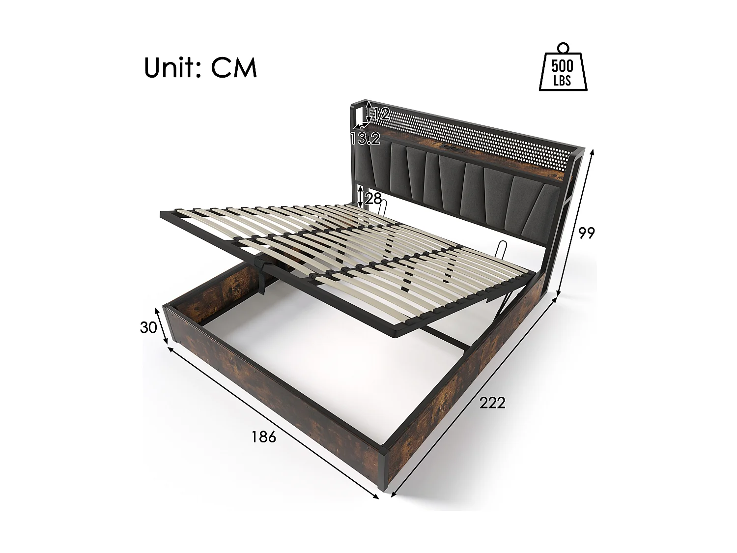 Opbergbed 180x200 cm, volwassenbed met USB-oplaadfunctie en LED-verlichting, linnen en metaal - grijs (zonder matras)