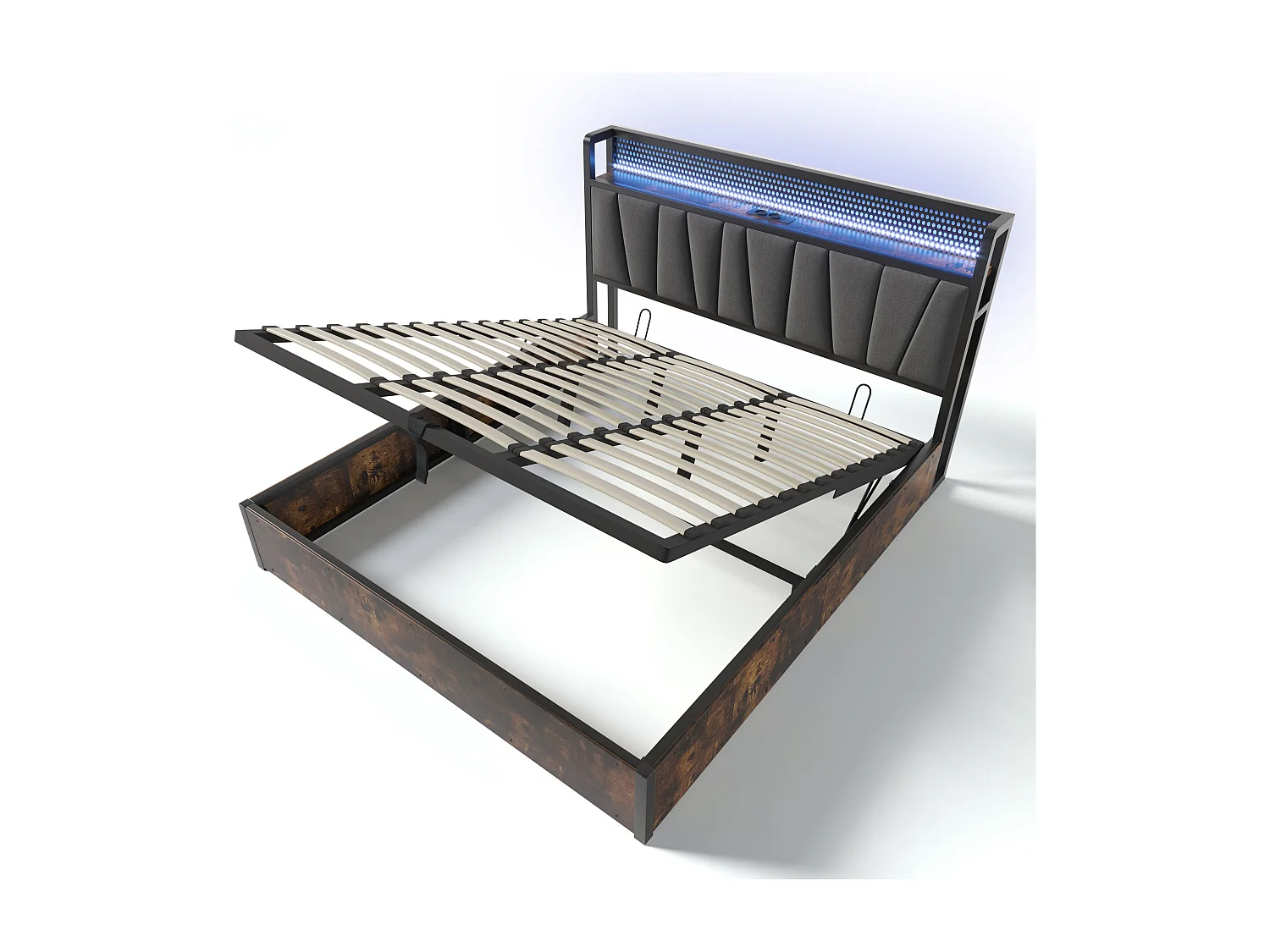 Opbergbed 180x200 cm, volwassenbed met USB-oplaadfunctie en LED-verlichting, linnen en metaal - grijs (zonder matras)