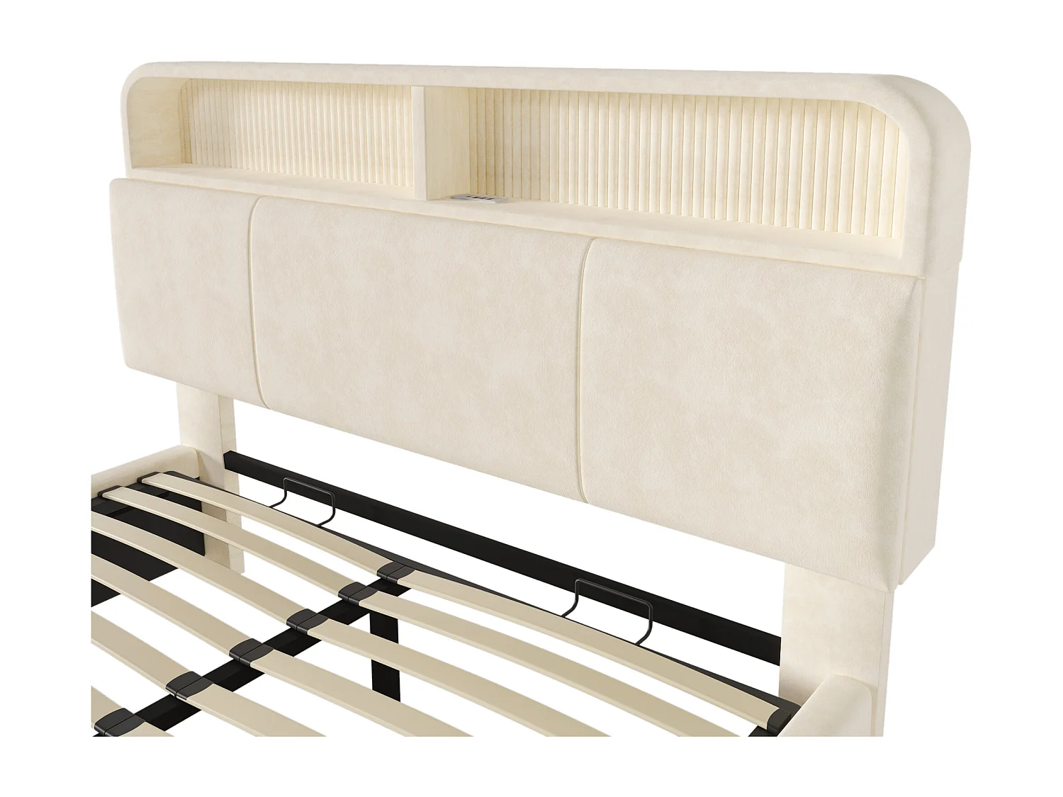 Stauraumbett 160x200 cm, Erwachsenenbett mit verstellbarem Kopfteil, LED und USB – beiger Samt (ohne Matratze)